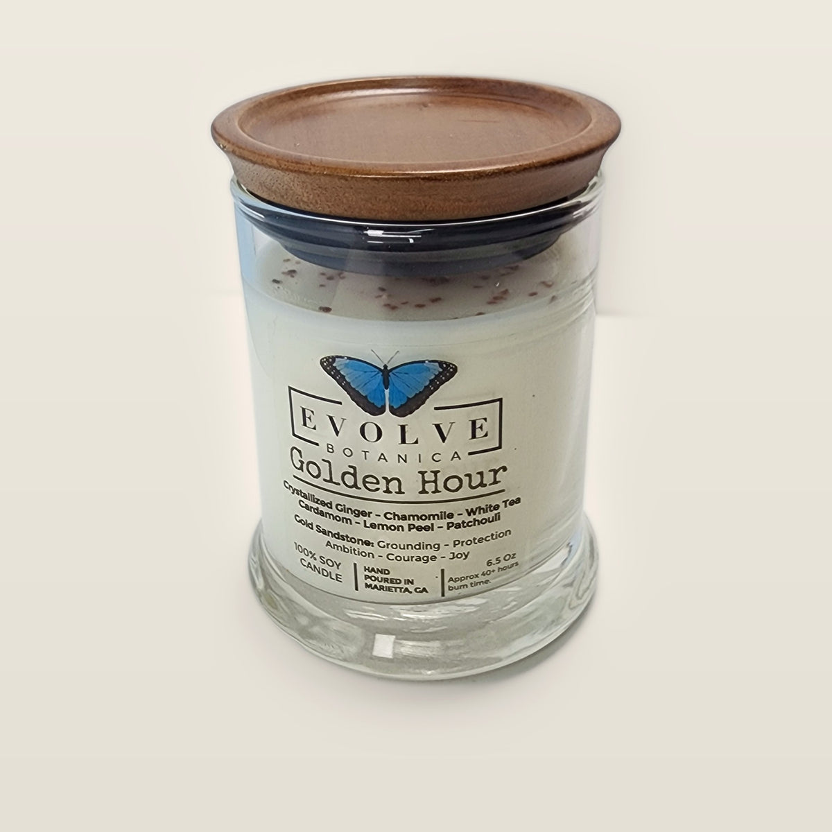 Evolve Botanica Golden Hour 6.5 oz soy sipper candle with wood lid, hand-poured in Marietta GA