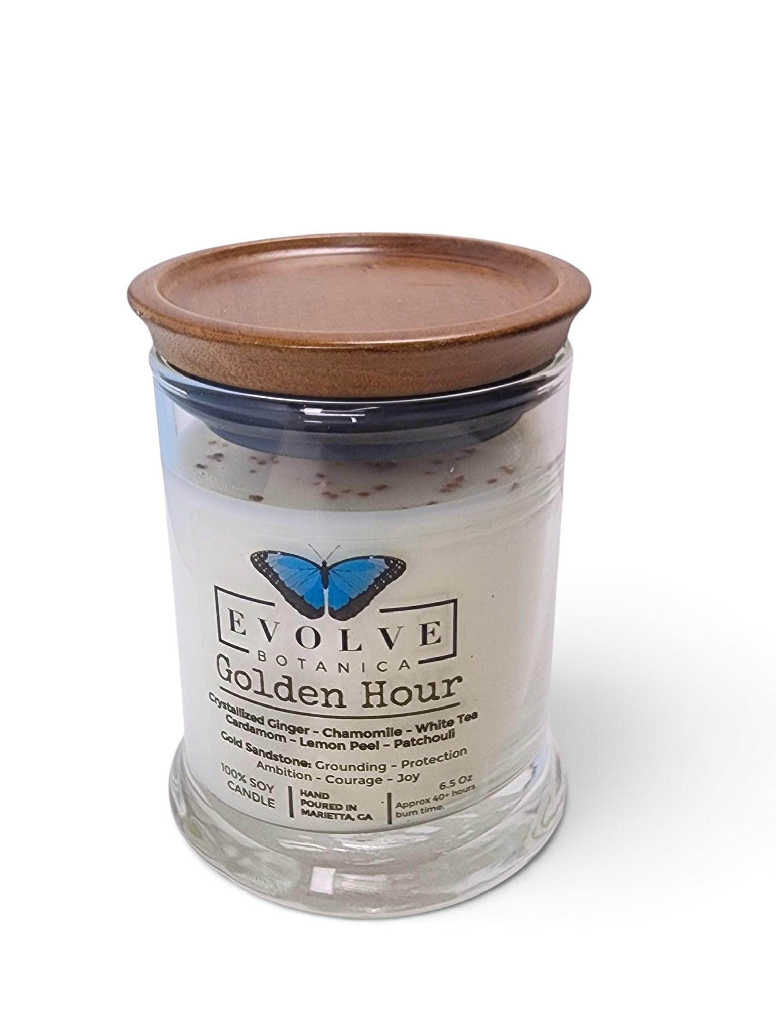 Evolve Botanica Golden Hour 6.5 oz soy sipper candle, crystal candle on white background, hand-poured in Marietta GA