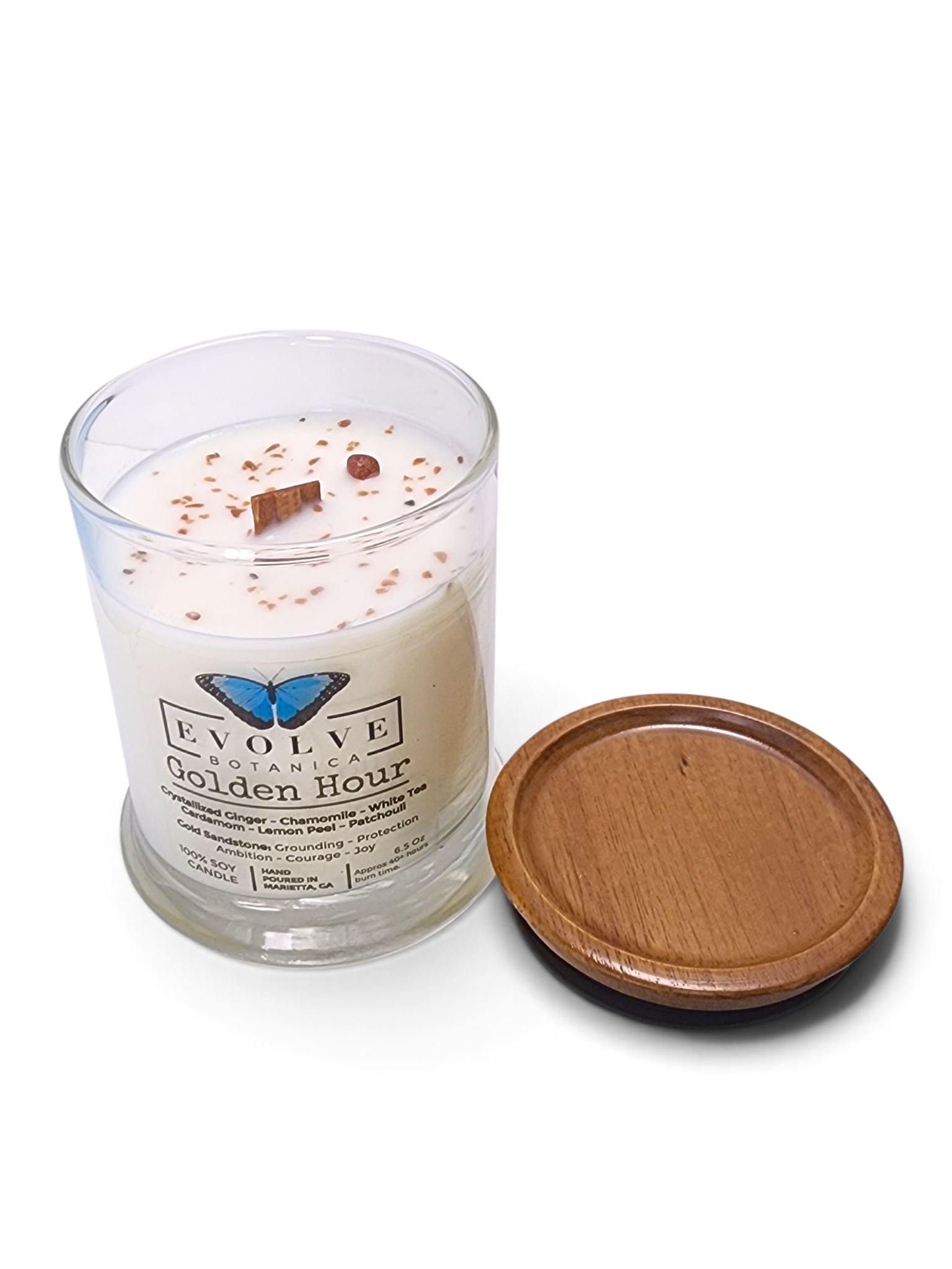 Evolve Botanica Golden Hour 6.5 oz soy sipper candle, crystal candle on white background, hand-poured in Marietta GA