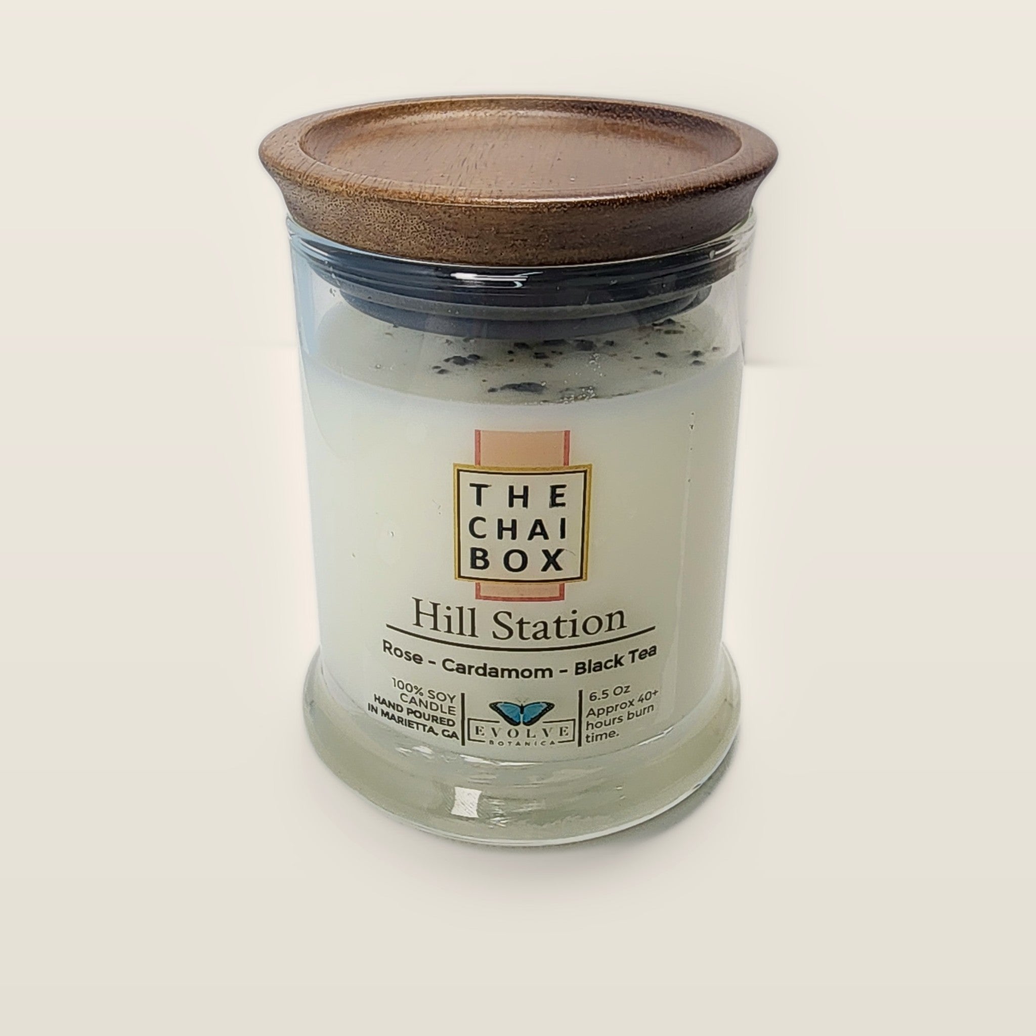 Evolve Botanica Hill Station 6.5 oz soy sipper candle with wood lid, hand-poured in Marietta GA