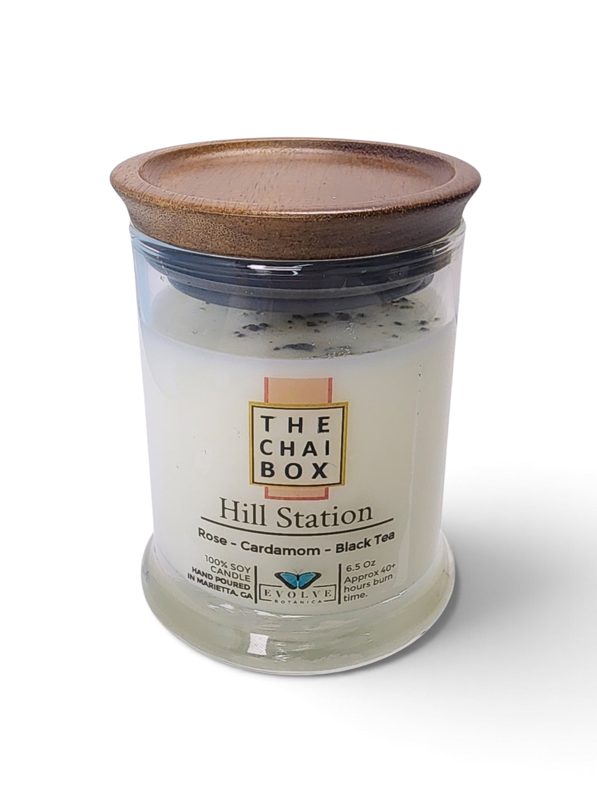 Evolve Botanica Hill Station 6.5 oz soy sipper candle, crystal candle on white background, hand-poured in Marietta GA