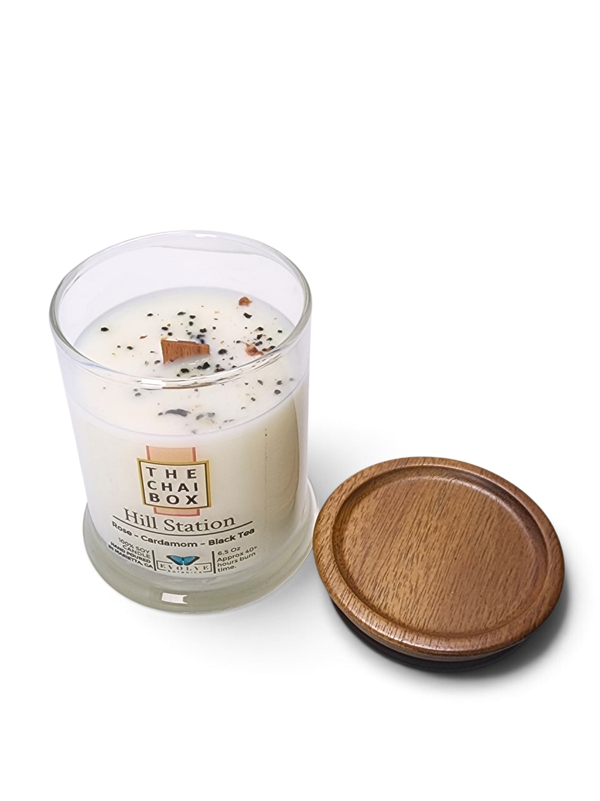 Evolve Botanica Hill Station 6.5 oz soy sipper candle, crystal candle on white background, hand-poured in Marietta GA