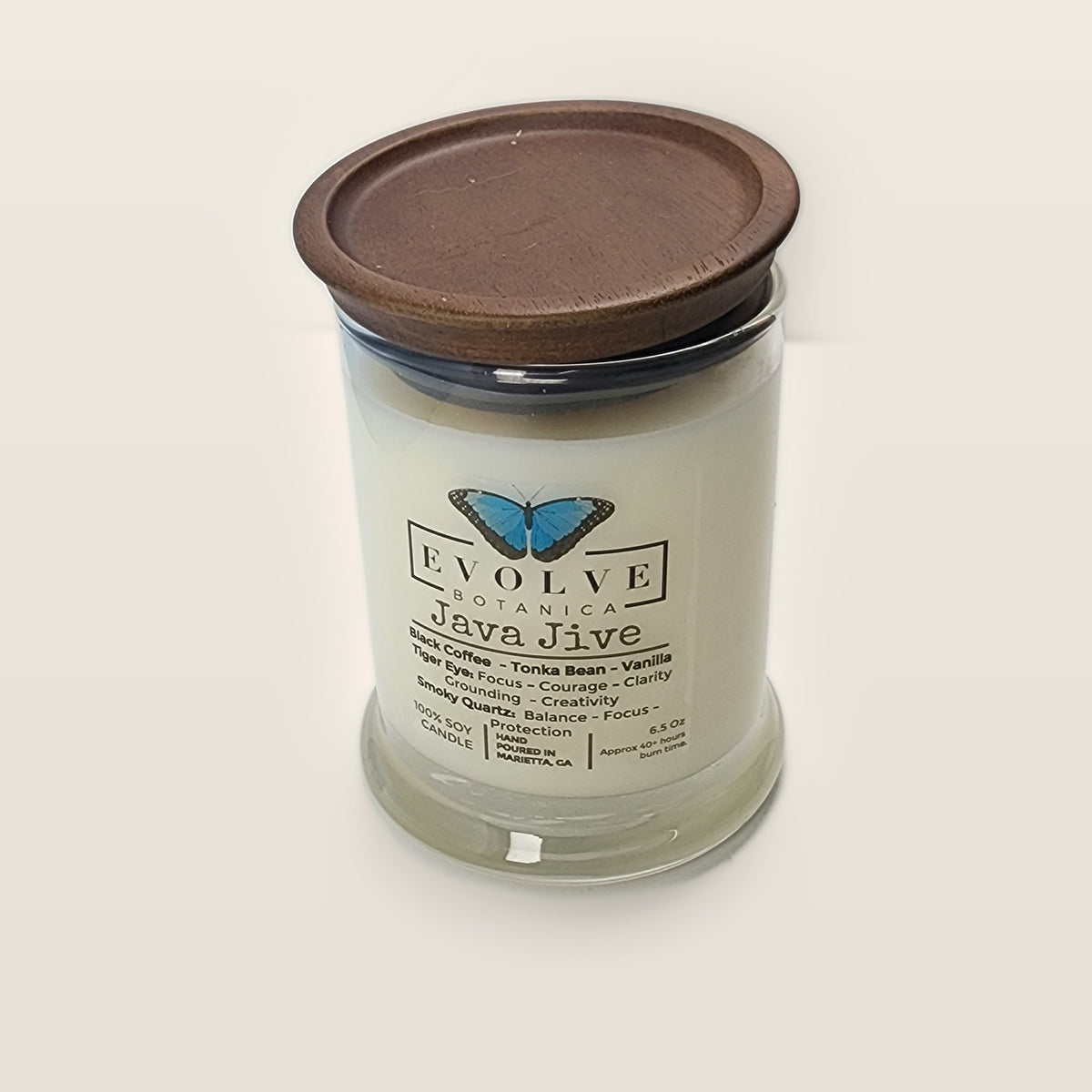 Evolve Botanica Java Jive 6.5 oz soy sipper candle with wood lid, hand-poured in Marietta GA