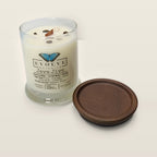 Evolve Botanica Java Jive 6.5 oz soy sipper candle open with wood lid and crystals