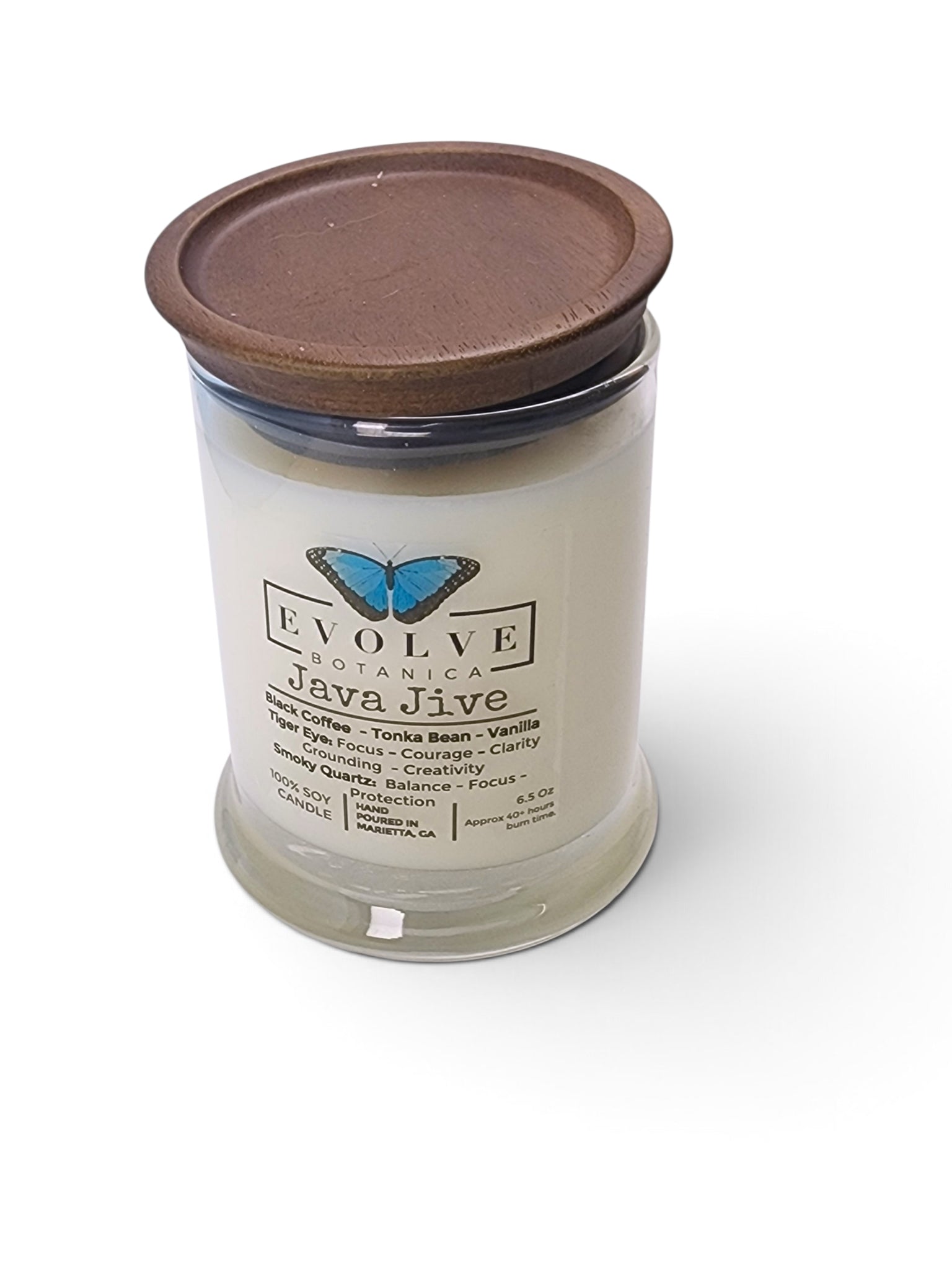 Evolve Botanica Java Jive 6.5 oz soy sipper candle, crystal candle on white background, hand-poured in Marietta GA