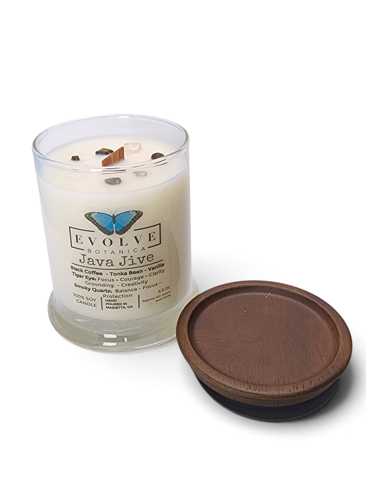 Evolve Botanica Java Jive 6.5 oz soy sipper candle, crystal candle on white background, hand-poured in Marietta GA