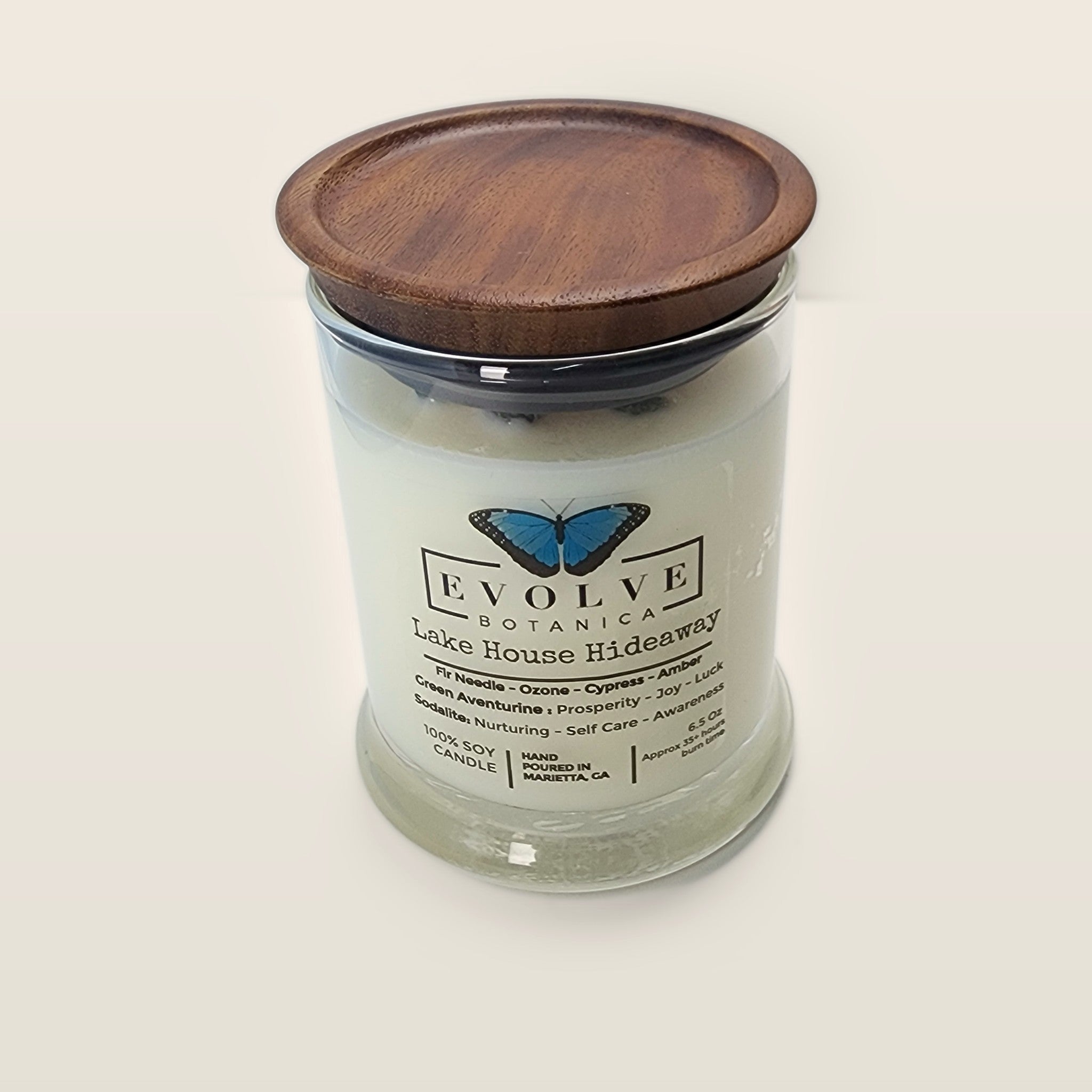 Evolve Botanica Lake House Hideaway 6.5 oz soy sipper candle with wood lid, hand-poured in Marietta GA