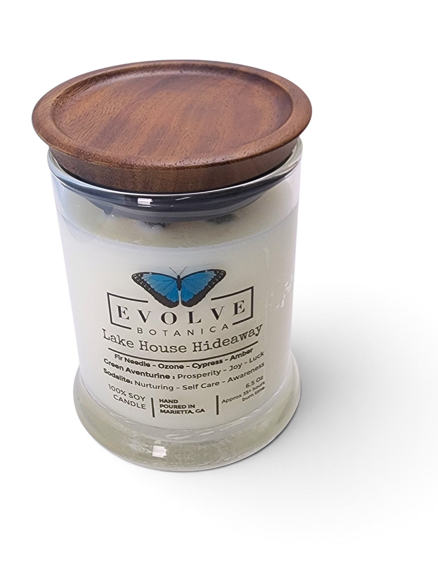 Evolve Botanica Lake House Hideaway 6.5 oz soy sipper candle, crystal candle on white background, hand-poured in Marietta GA