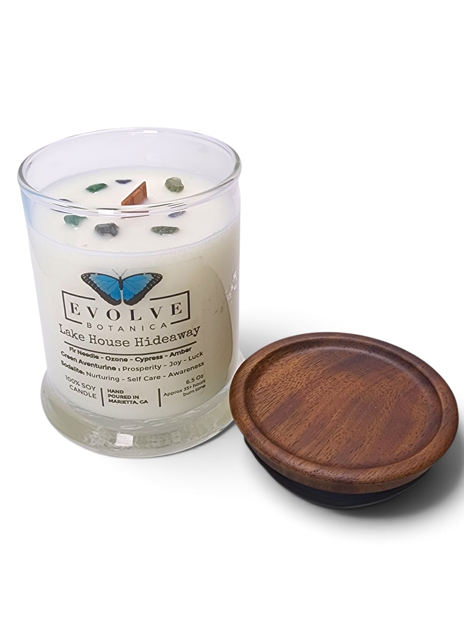 Evolve Botanica Lake House Hideaway 6.5 oz soy sipper candle, crystal candle on white background, hand-poured in Marietta GA