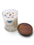 Evolve Botanica Lake House Hideaway 6.5 oz soy sipper candle, crystal candle on white background, hand-poured in Marietta GA