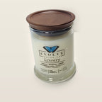 Evolve Botanica Library 6.5 oz soy sipper candle with wood lid, hand-poured in Marietta GA