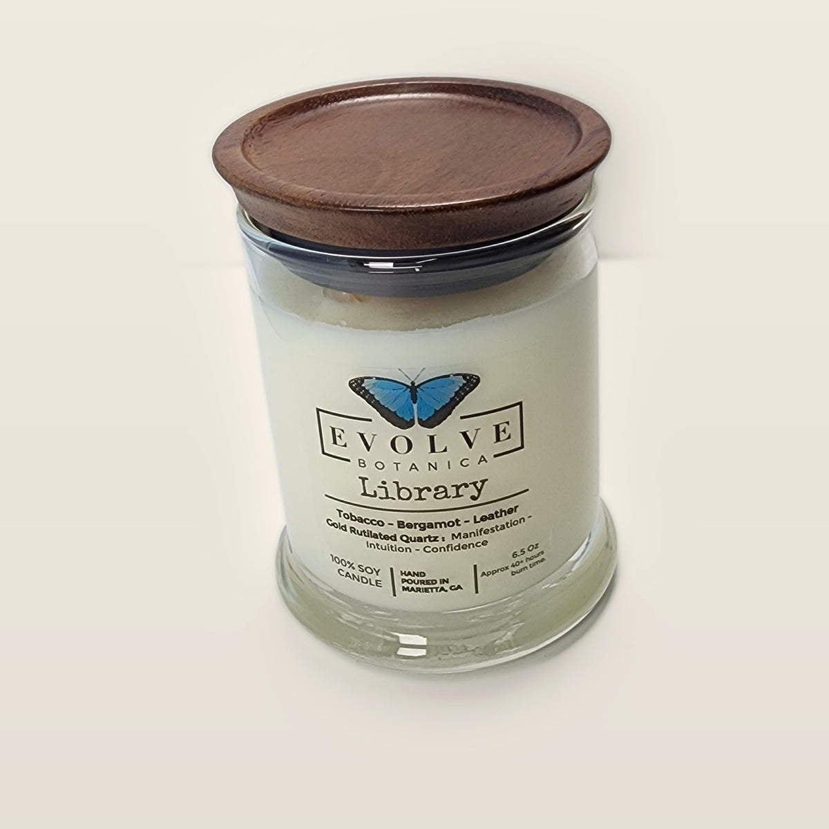 Evolve Botanica Library 6.5 oz soy sipper candle with wood lid, hand-poured in Marietta GA