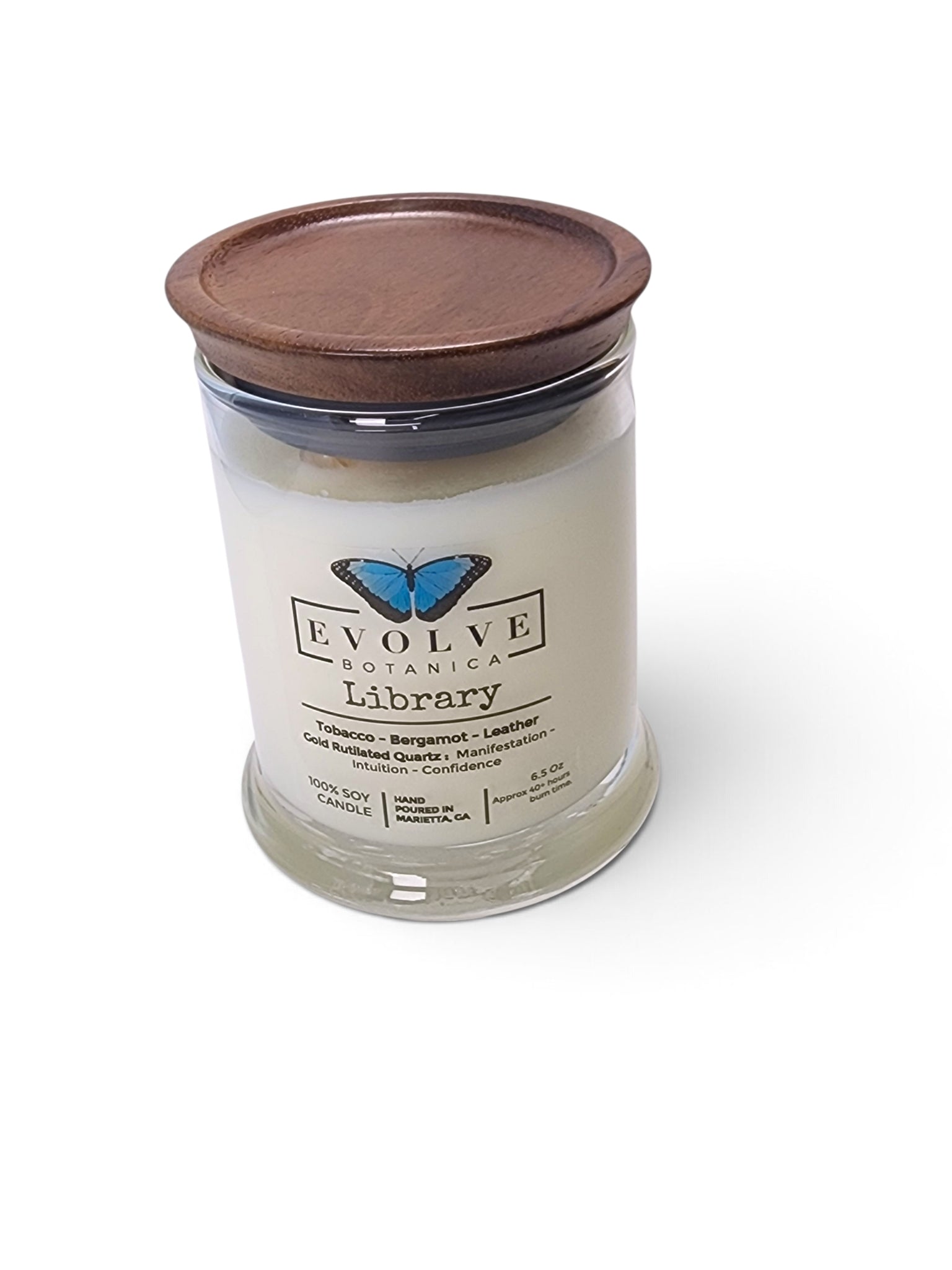 Evolve Botanica Library 6.5 oz soy sipper candle, crystal candle on white background, hand-poured in Marietta GA