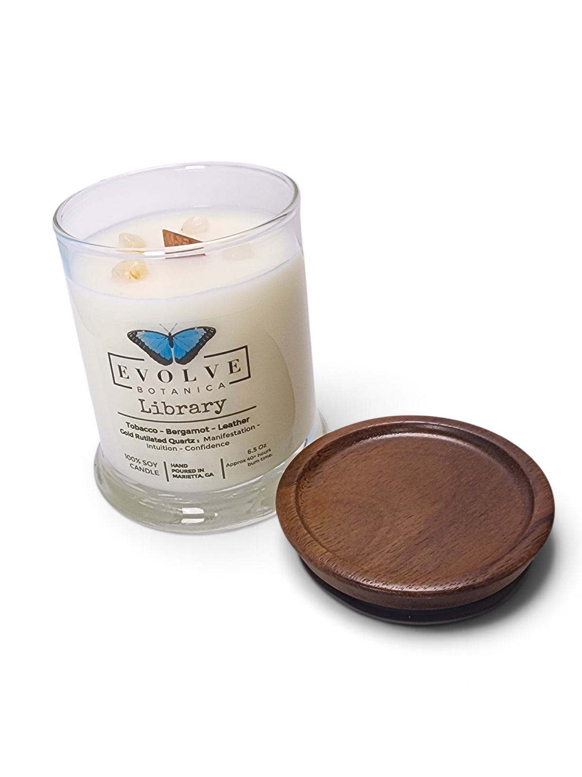 Evolve Botanica Library 6.5 oz soy sipper candle, crystal candle on white background, hand-poured in Marietta GA