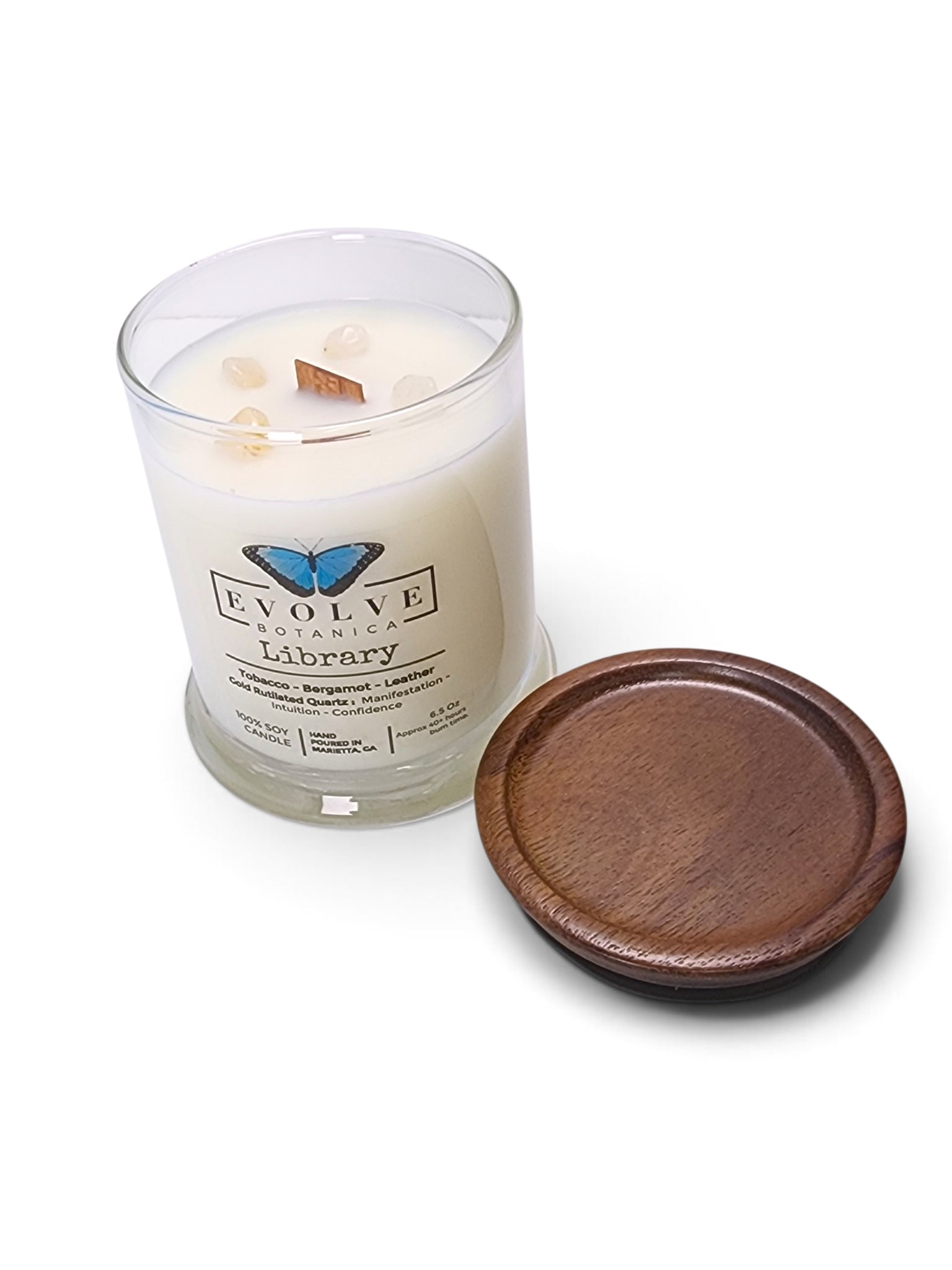 Evolve Botanica Library 6.5 oz soy sipper candle, crystal candle on white background, hand-poured in Marietta GA