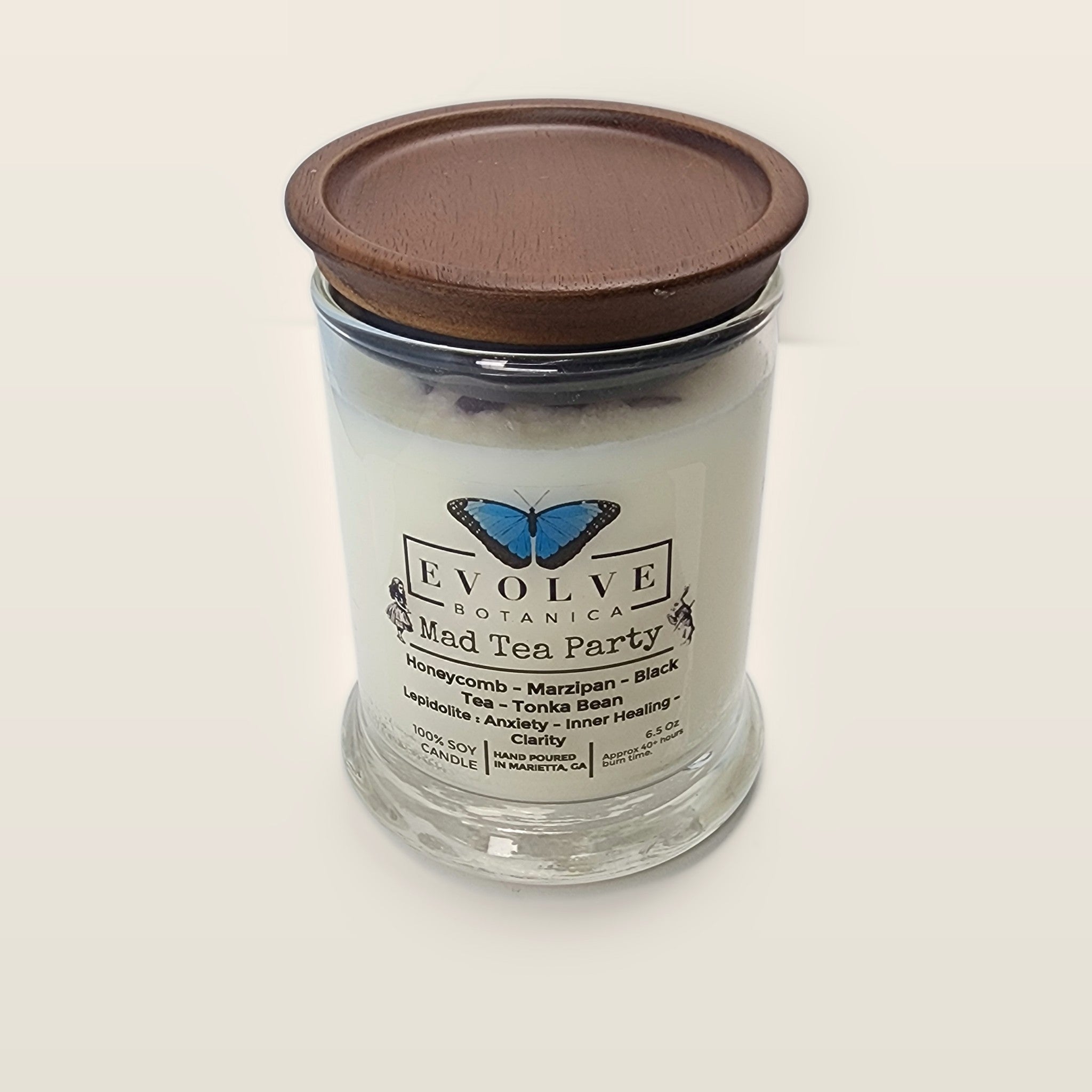 Evolve Botanica Mad Tea Party 6.5 oz soy sipper candle with wood lid, hand-poured in Marietta GA