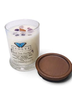 Evolve Botanica Mad Tea Party 6.5 oz soy sipper candle, crystal candle on white background, hand-poured in Marietta GA