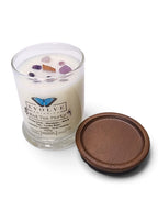 Evolve Botanica Mad Tea Party 6.5 oz soy sipper candle, crystal candle on white background, hand-poured in Marietta GA