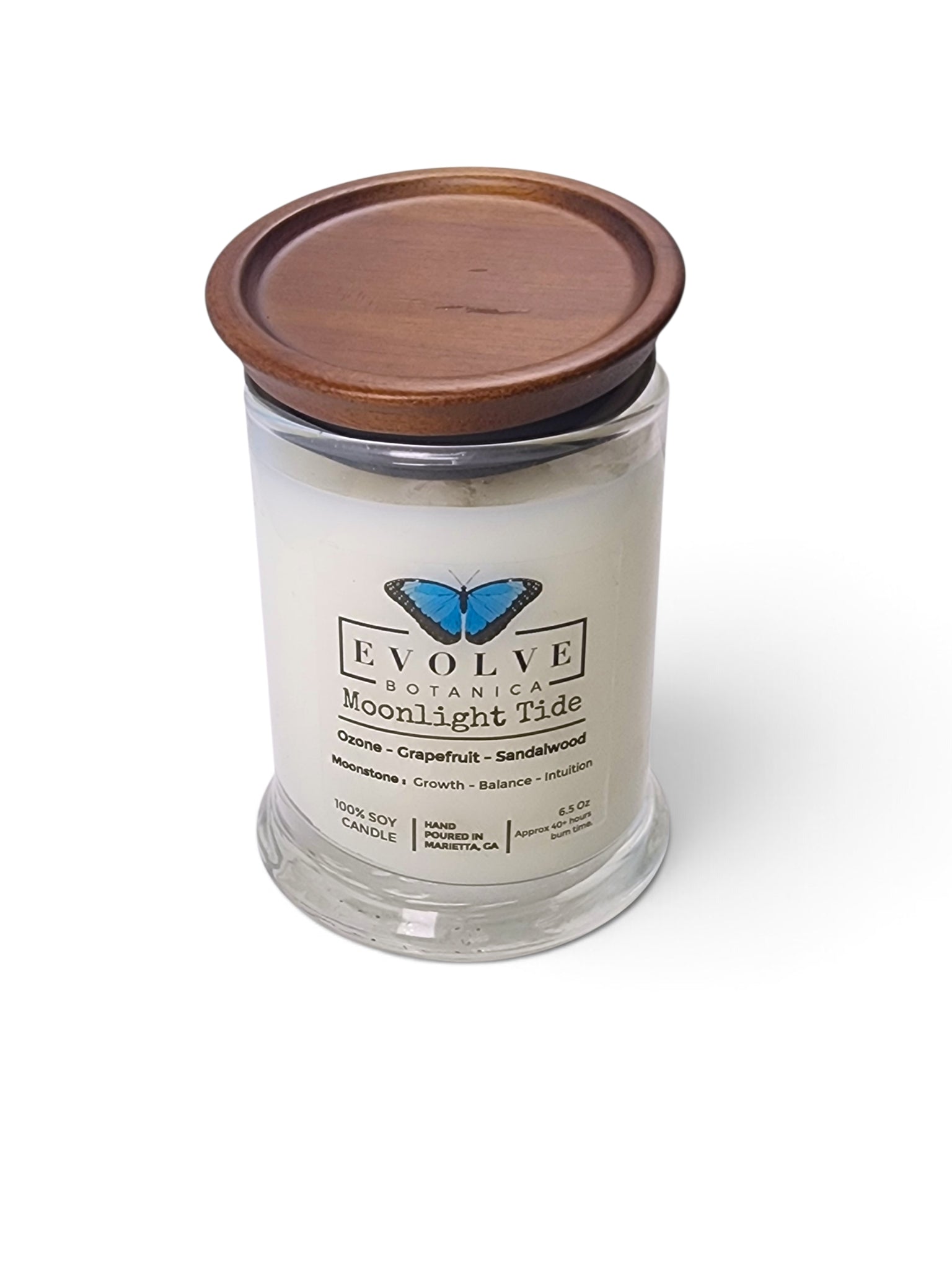 Evolve Botanica Moonlight Tide 6.5 oz soy sipper candle, crystal candle on white background, hand-poured in Marietta GA