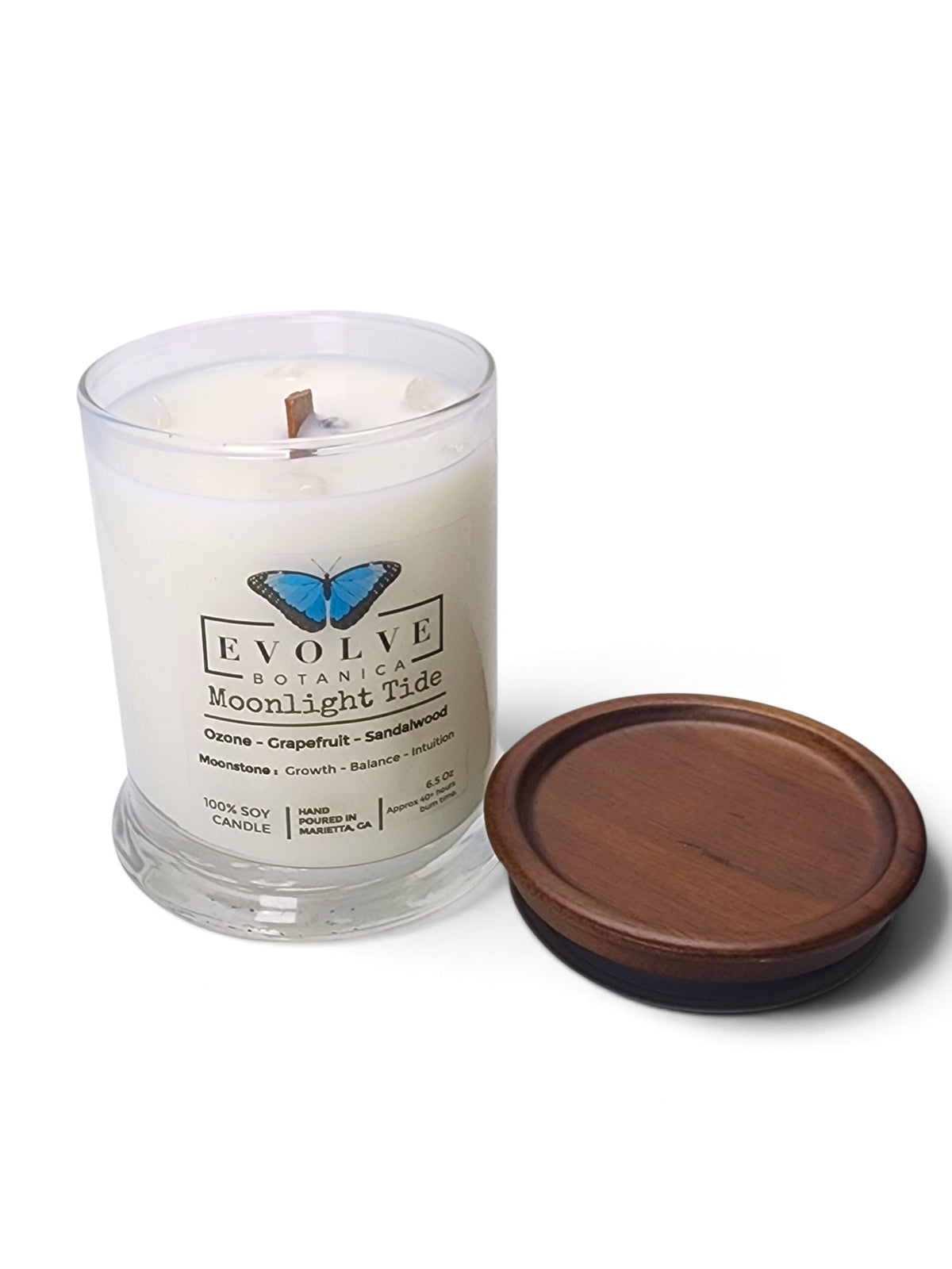 Evolve Botanica Moonlight Tide 6.5 oz soy sipper candle, crystal candle on white background, hand-poured in Marietta GA