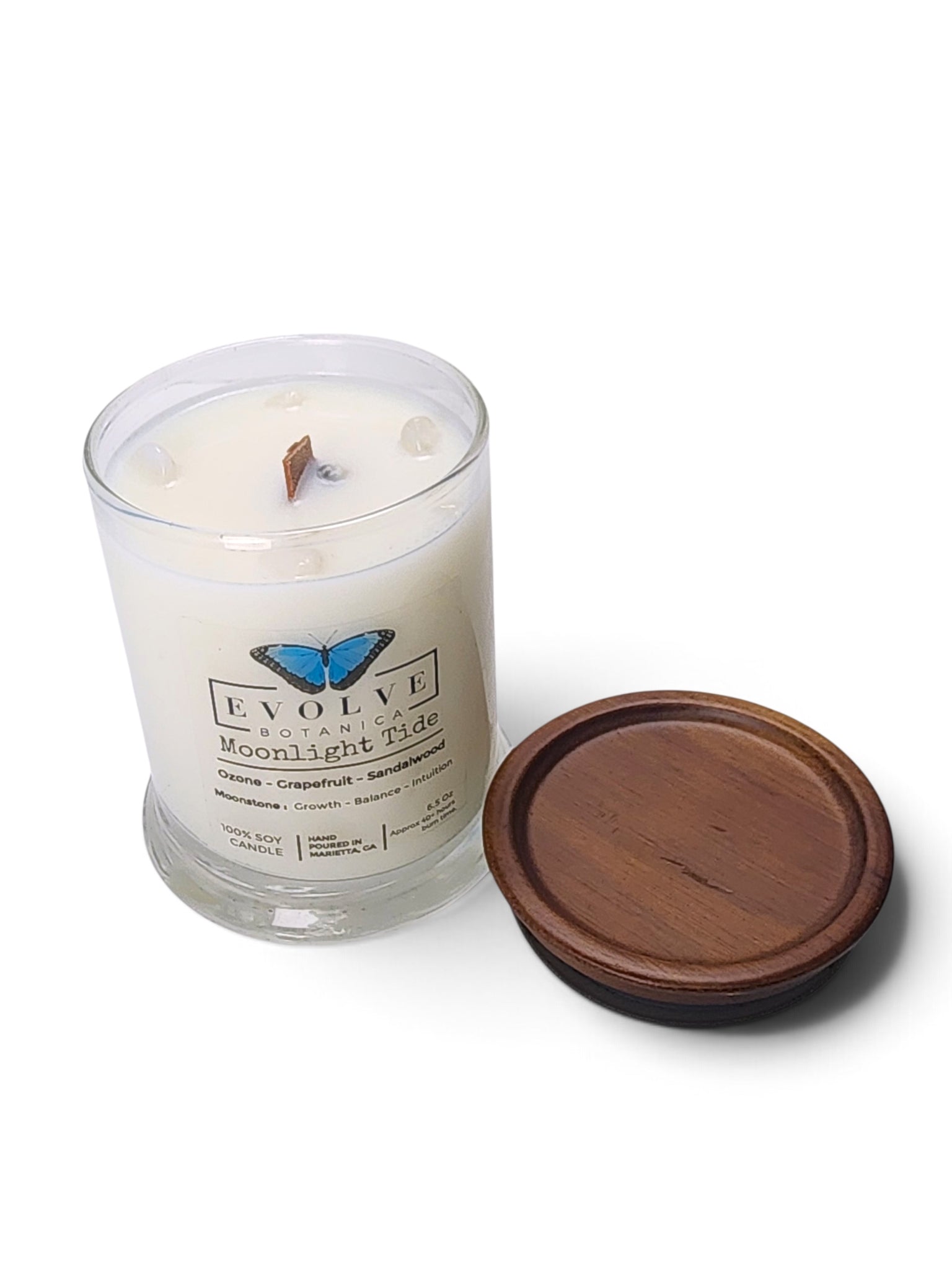 Evolve Botanica Moonlight Tide 6.5 oz soy sipper candle, crystal candle on white background, hand-poured in Marietta GA