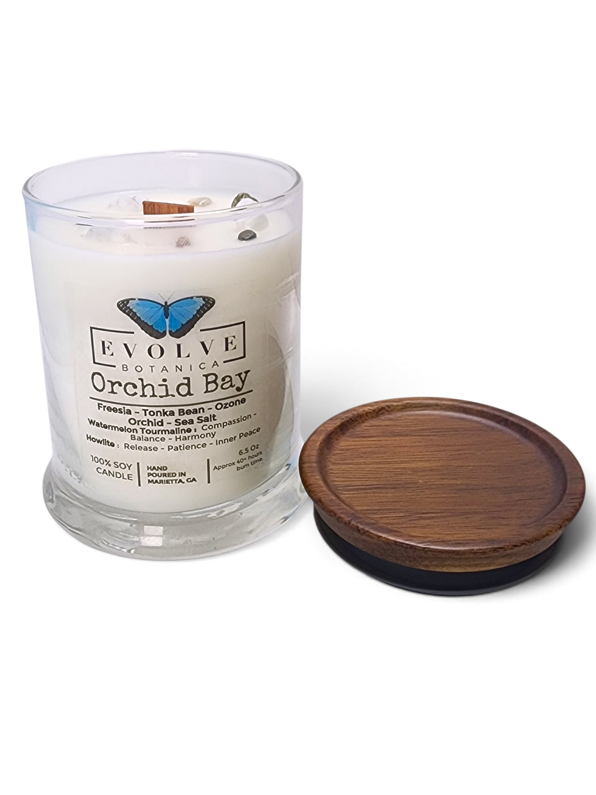 Evolve Botanica Orchid Bay 6.5 oz soy sipper candle, crystal candle on white background, hand-poured in Marietta GA