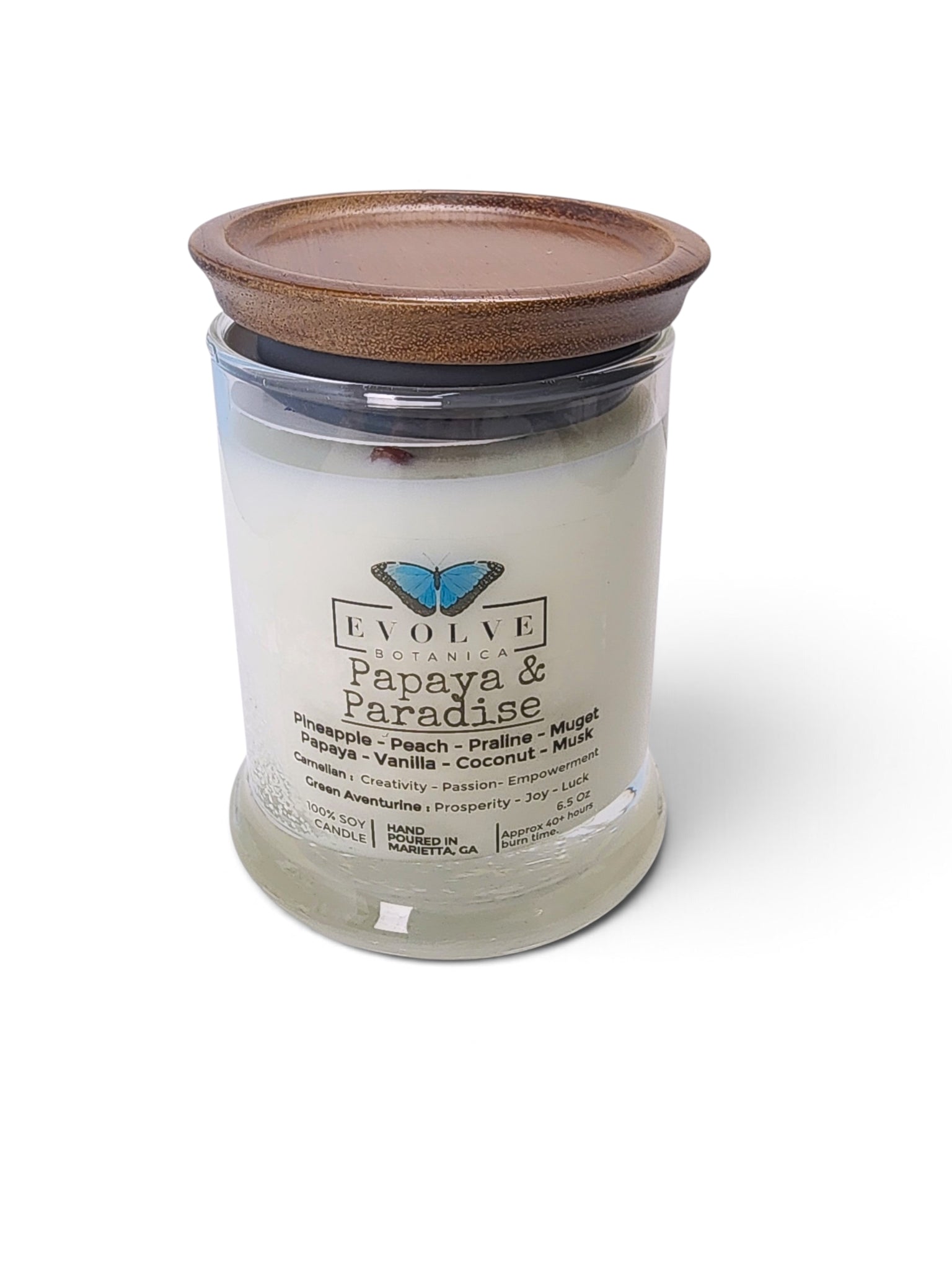 Evolve Botanica Papaya & Paradise 6.5 oz soy sipper candle, crystal candle on white background, hand-poured in Marietta GA