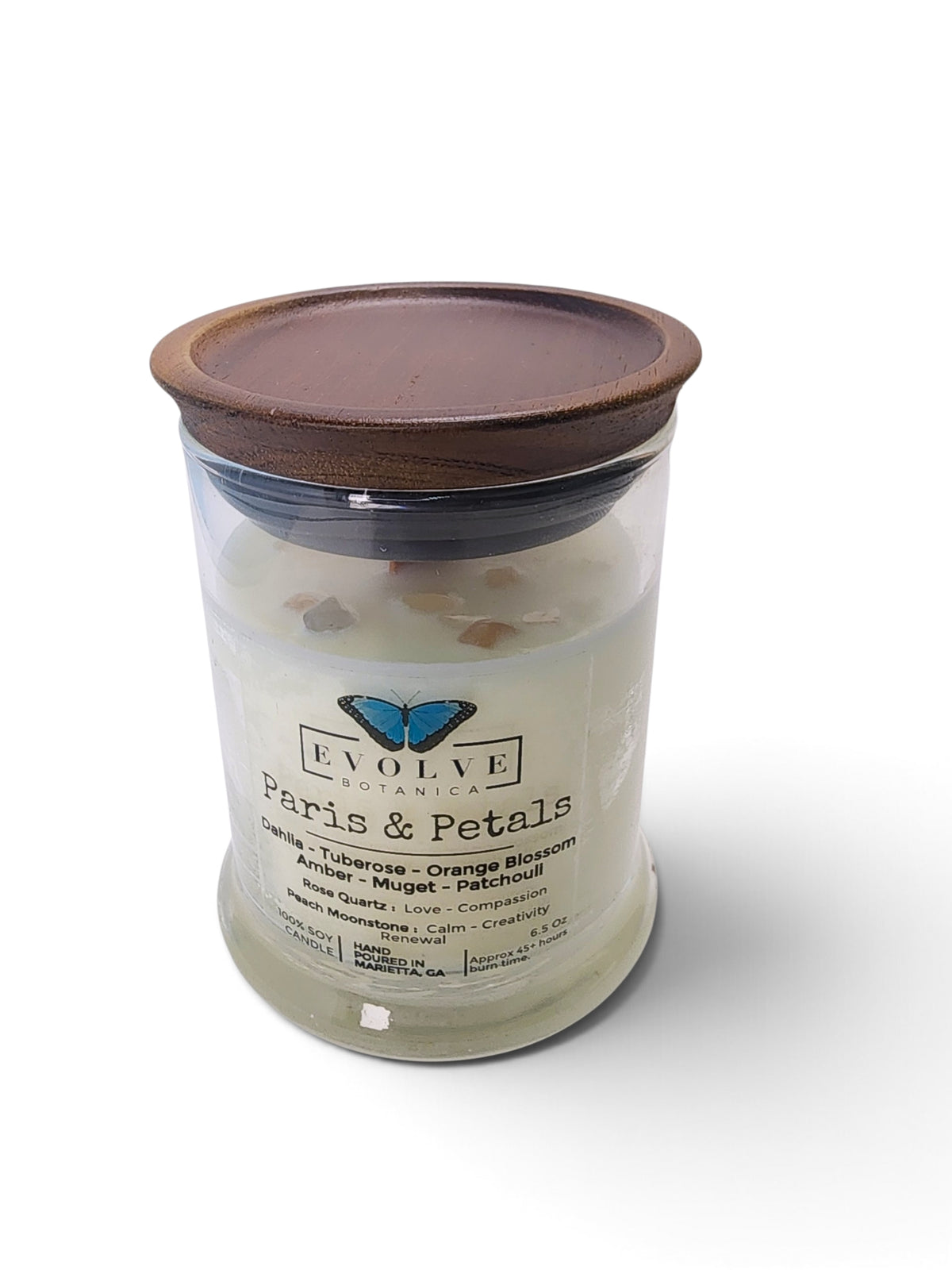 Evolve Botanica Paris & Petals 6.5 oz soy sipper candle, crystal candle on white background, hand-poured in Marietta GA
