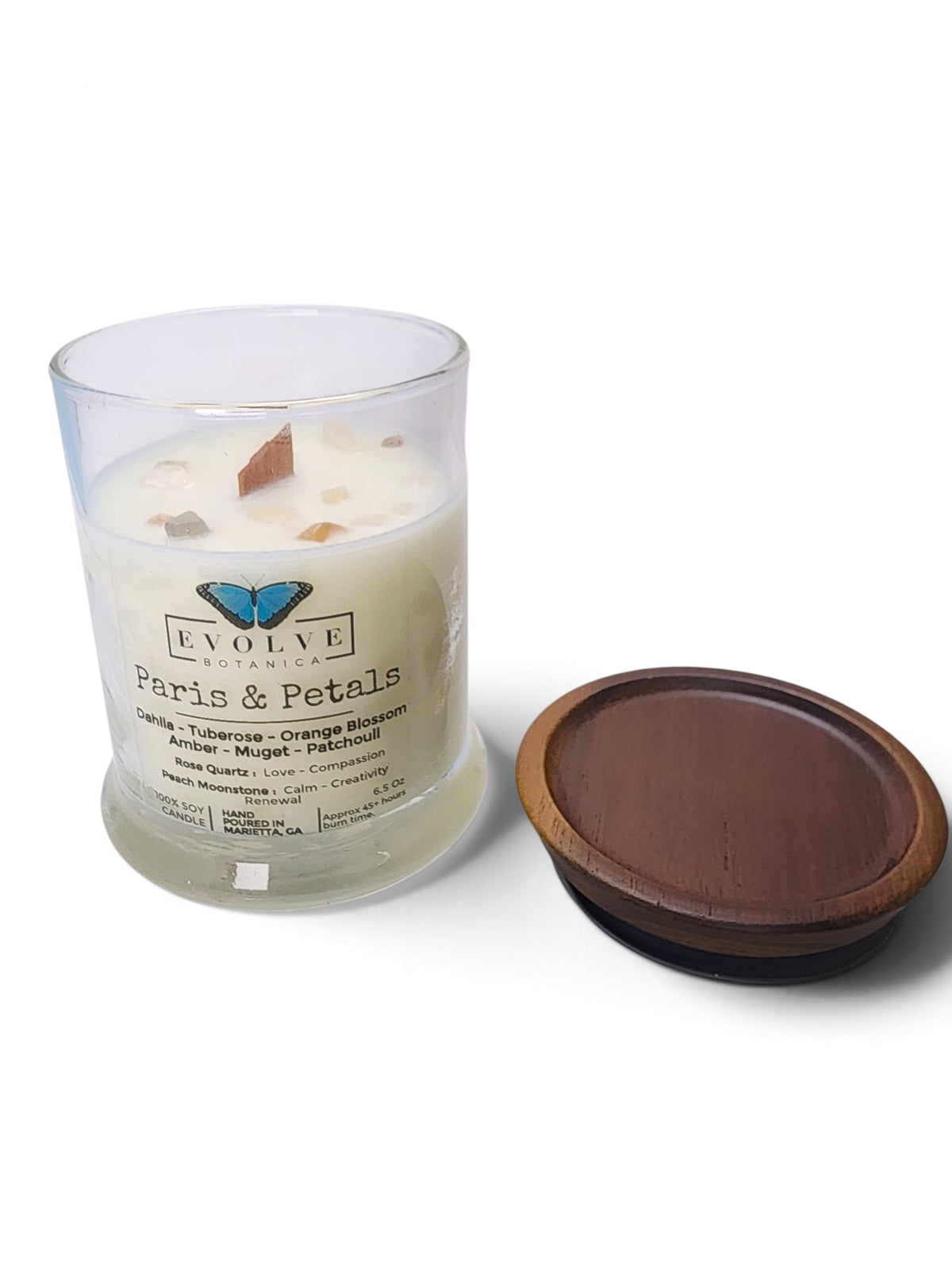 Evolve Botanica Paris & Petals 6.5 oz soy sipper candle, crystal candle on white background, hand-poured in Marietta GA