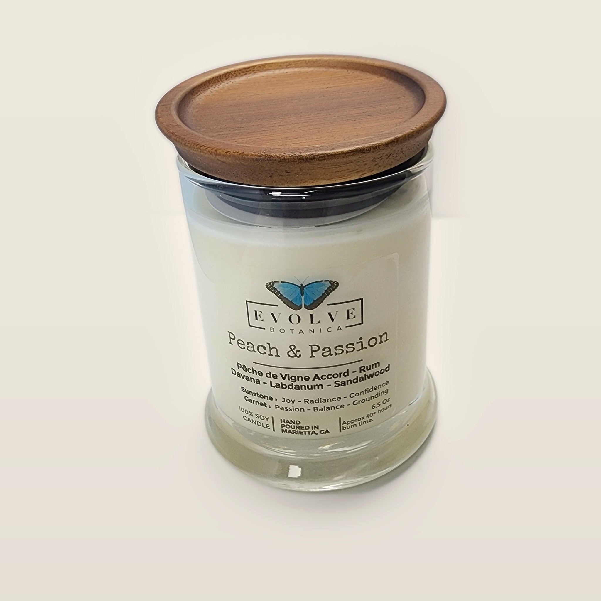 Evolve Botanica Peach & Passion 6.5 oz soy sipper candle with wood lid, hand-poured in Marietta GA