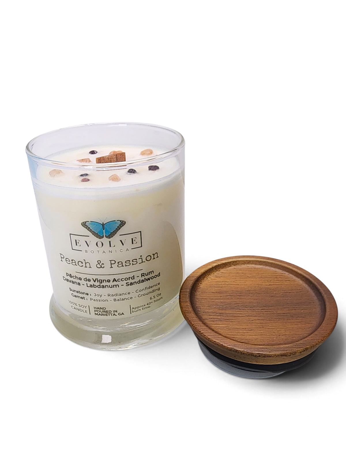 Evolve Botanica Peach & Passion 6.5 oz soy sipper candle, crystal candle on white background, hand-poured in Marietta GA