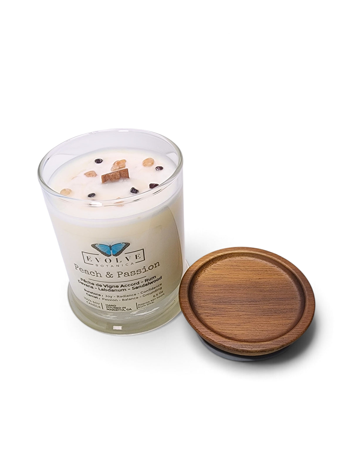 Evolve Botanica Peach & Passion 6.5 oz soy sipper candle, crystal candle on white background, hand-poured in Marietta GA