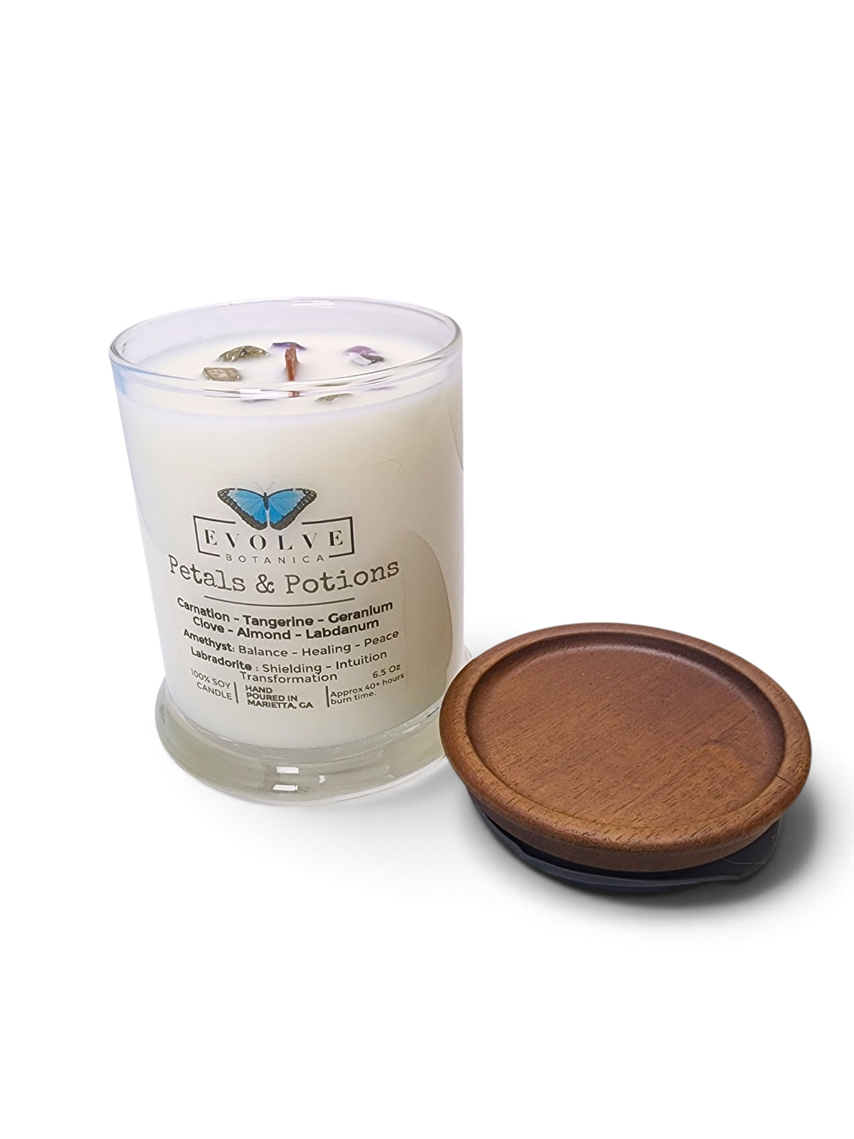 Evolve Botanica Petals & Potions 6.5 oz soy sipper candle, crystal candle on white background, hand-poured in Marietta GA