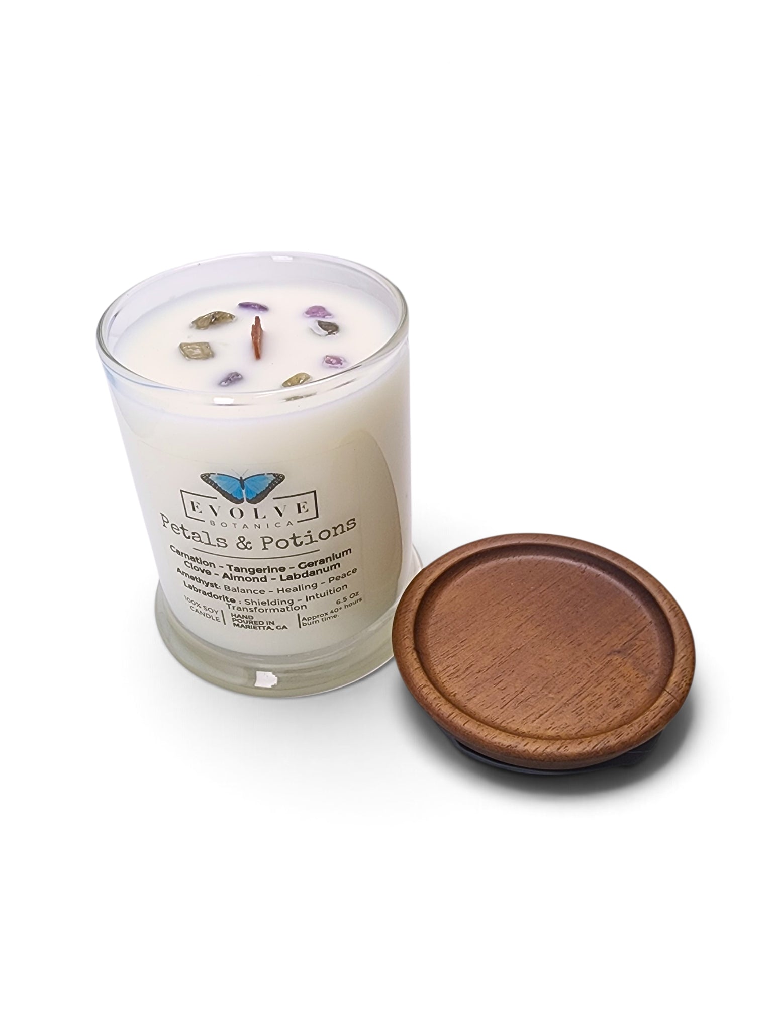 Evolve Botanica Petals & Potions 6.5 oz soy sipper candle, crystal candle on white background, hand-poured in Marietta GA