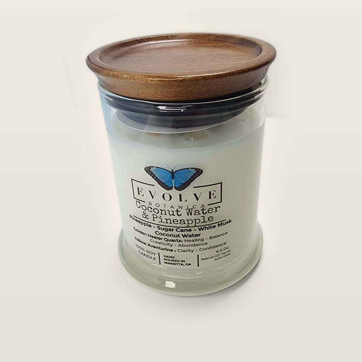 Evolve Botanica Coconut & Pineapple 6.5 oz soy sipper candle with wood lid, hand-poured in Marietta GA