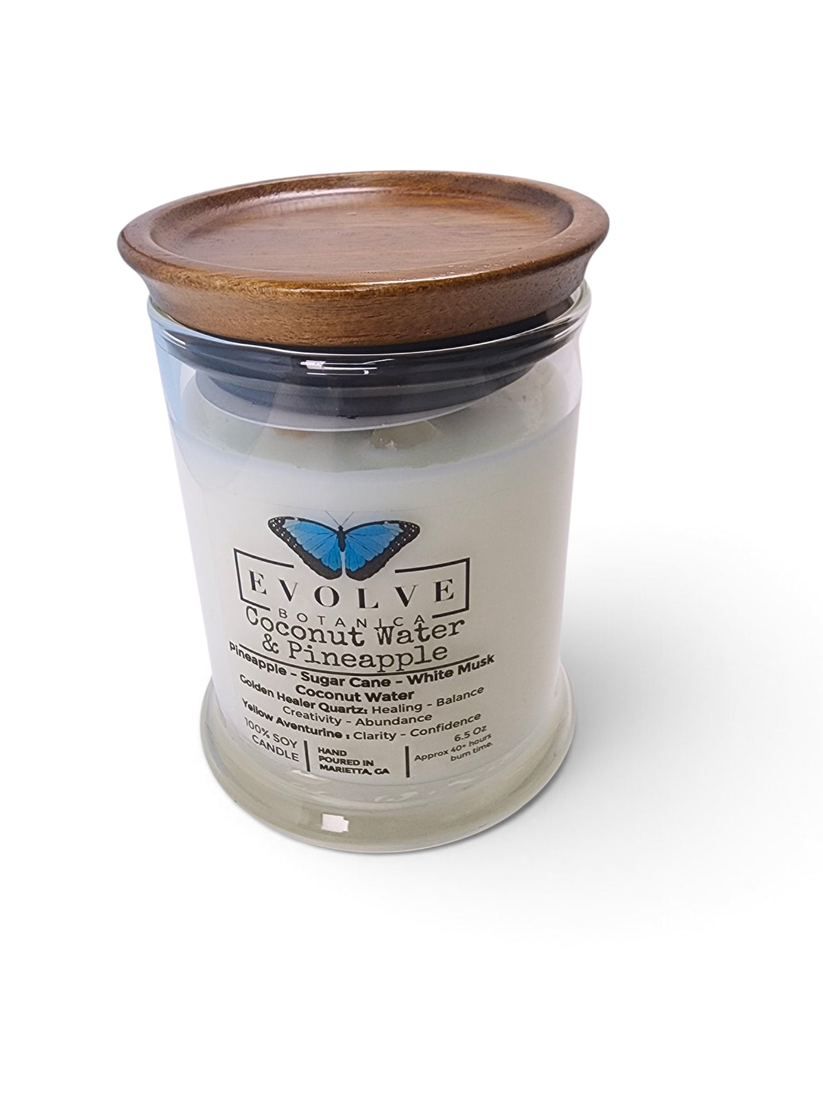 Evolve Botanica Coconut & Pineapple 6.5 oz soy sipper candle, crystal candle on white background, hand-poured in Marietta GA