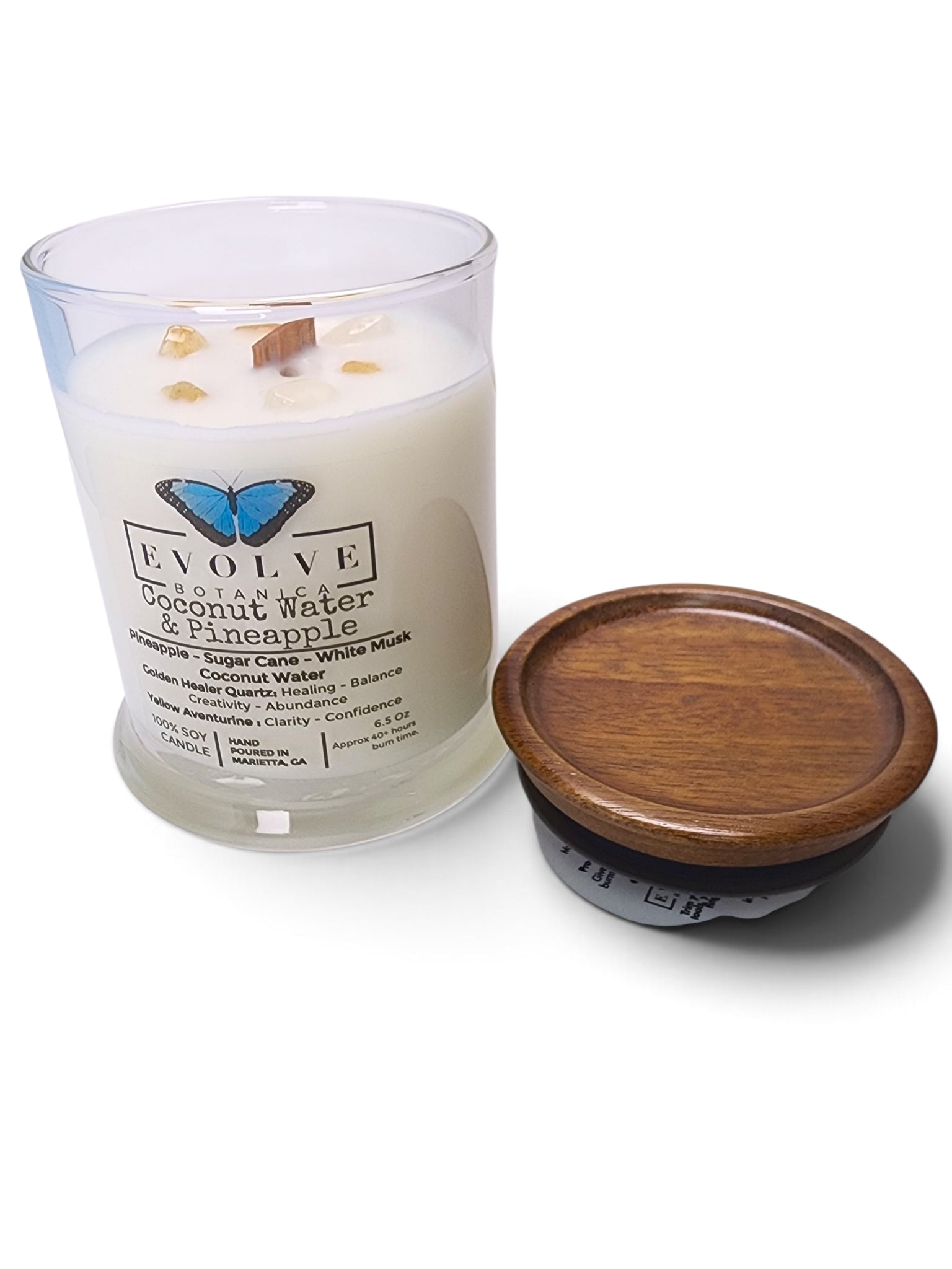Evolve Botanica Coconut & Pineapple 6.5 oz soy sipper candle, crystal candle on white background, hand-poured in Marietta GA