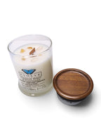 Evolve Botanica Coconut & Pineapple 6.5 oz soy sipper candle, crystal candle on white background, hand-poured in Marietta GA