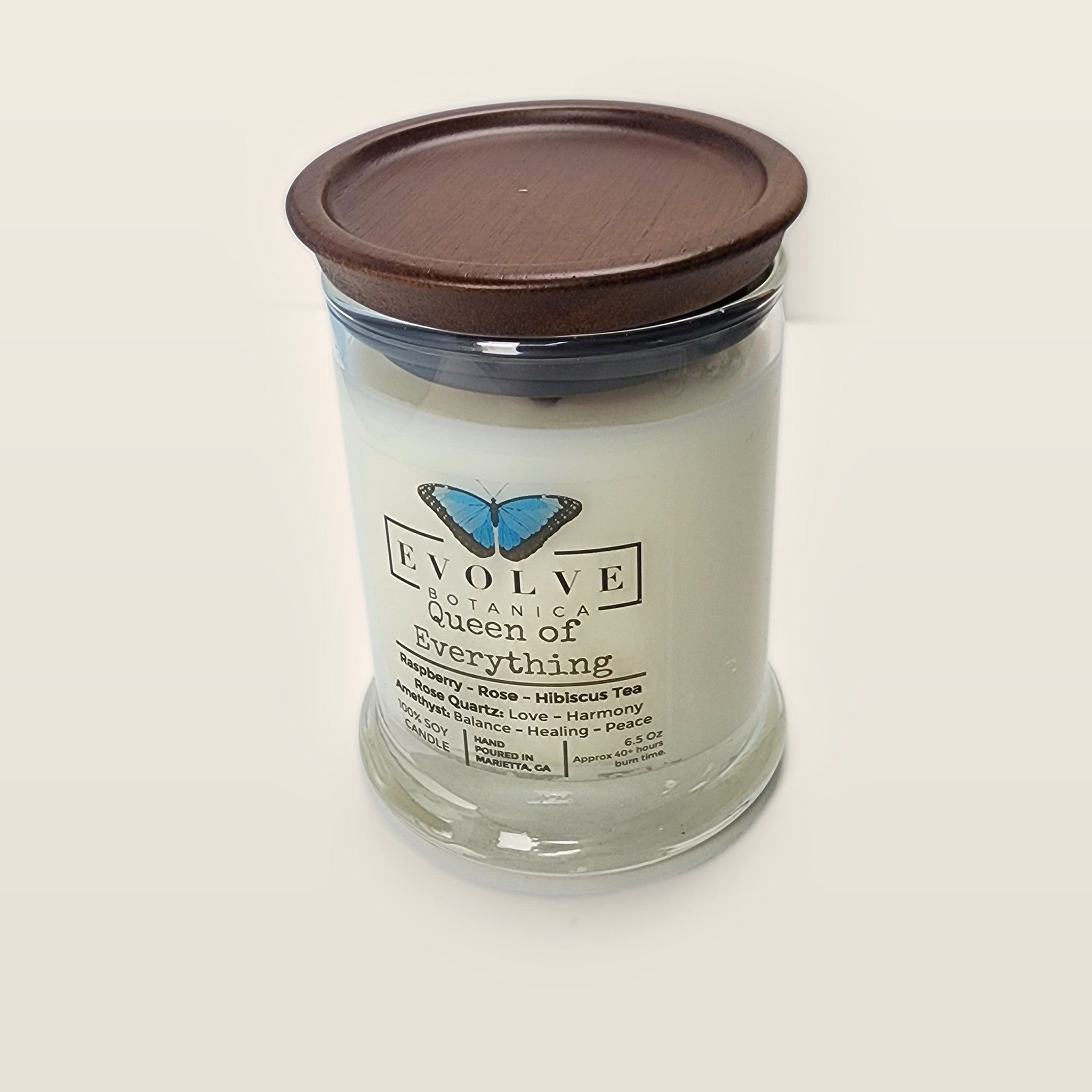 Evolve Botanica Queen of Everything 6.5 oz soy sipper candle with wood lid, hand-poured in Marietta GA