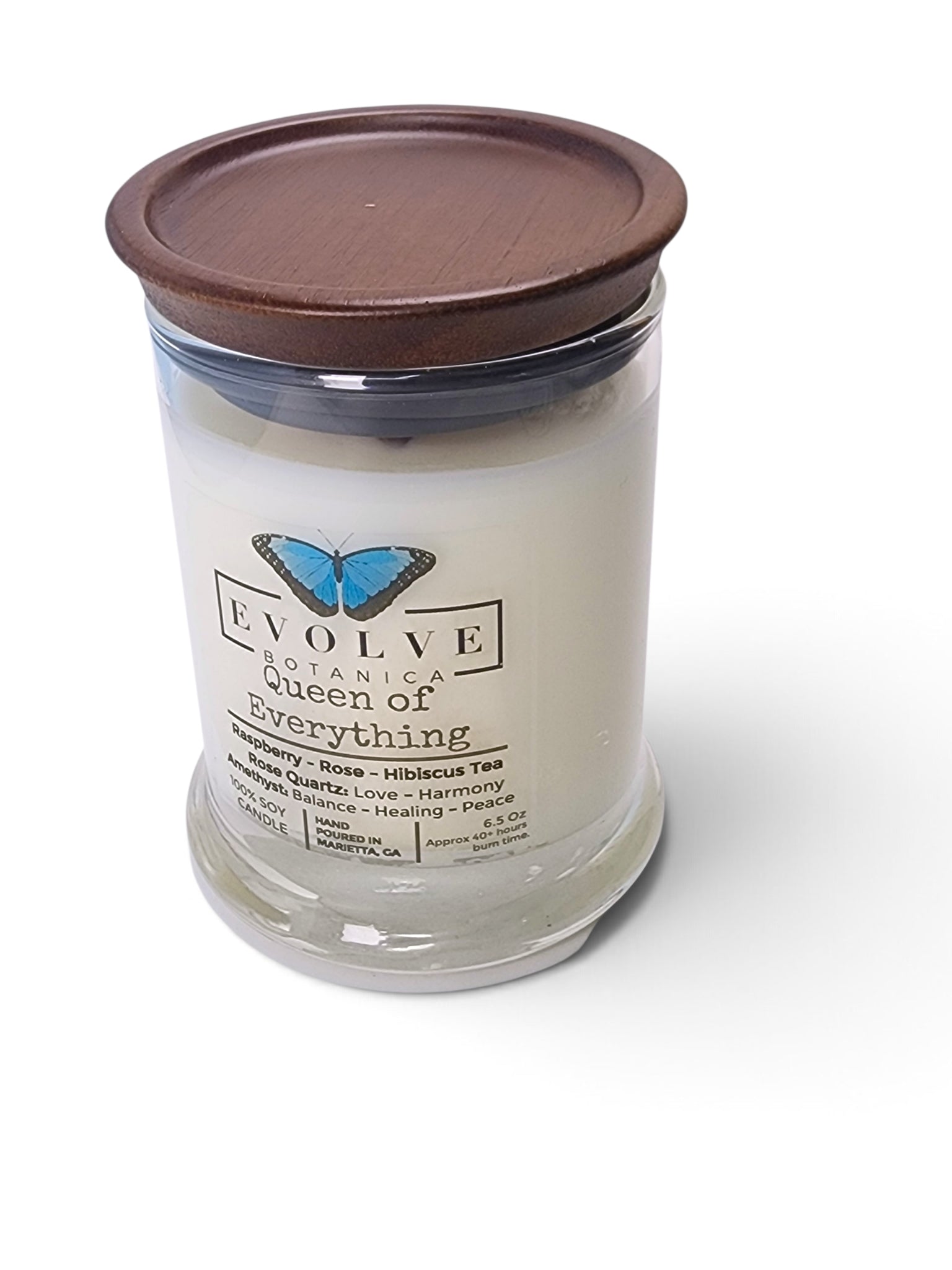 Evolve Botanica Queen of Everything 6.5 oz soy sipper candle, crystal candle on white background, hand-poured in Marietta GA