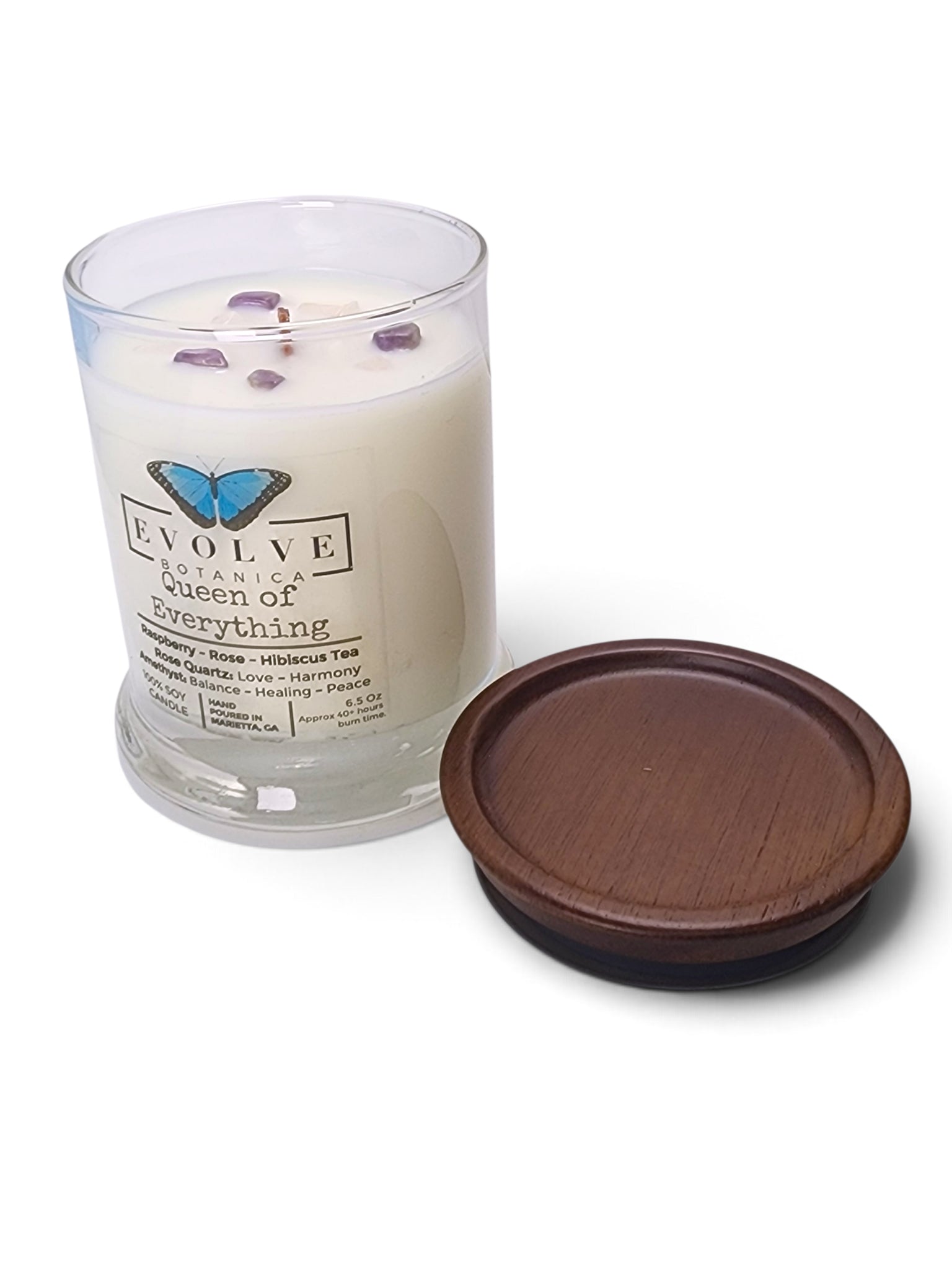 Evolve Botanica Queen of Everything 6.5 oz soy sipper candle, crystal candle on white background, hand-poured in Marietta GA