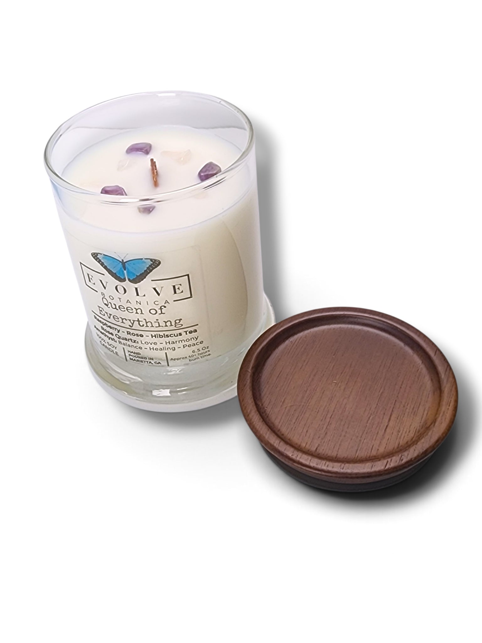 Evolve Botanica Queen of Everything 6.5 oz soy sipper candle, crystal candle on white background, hand-poured in Marietta GA