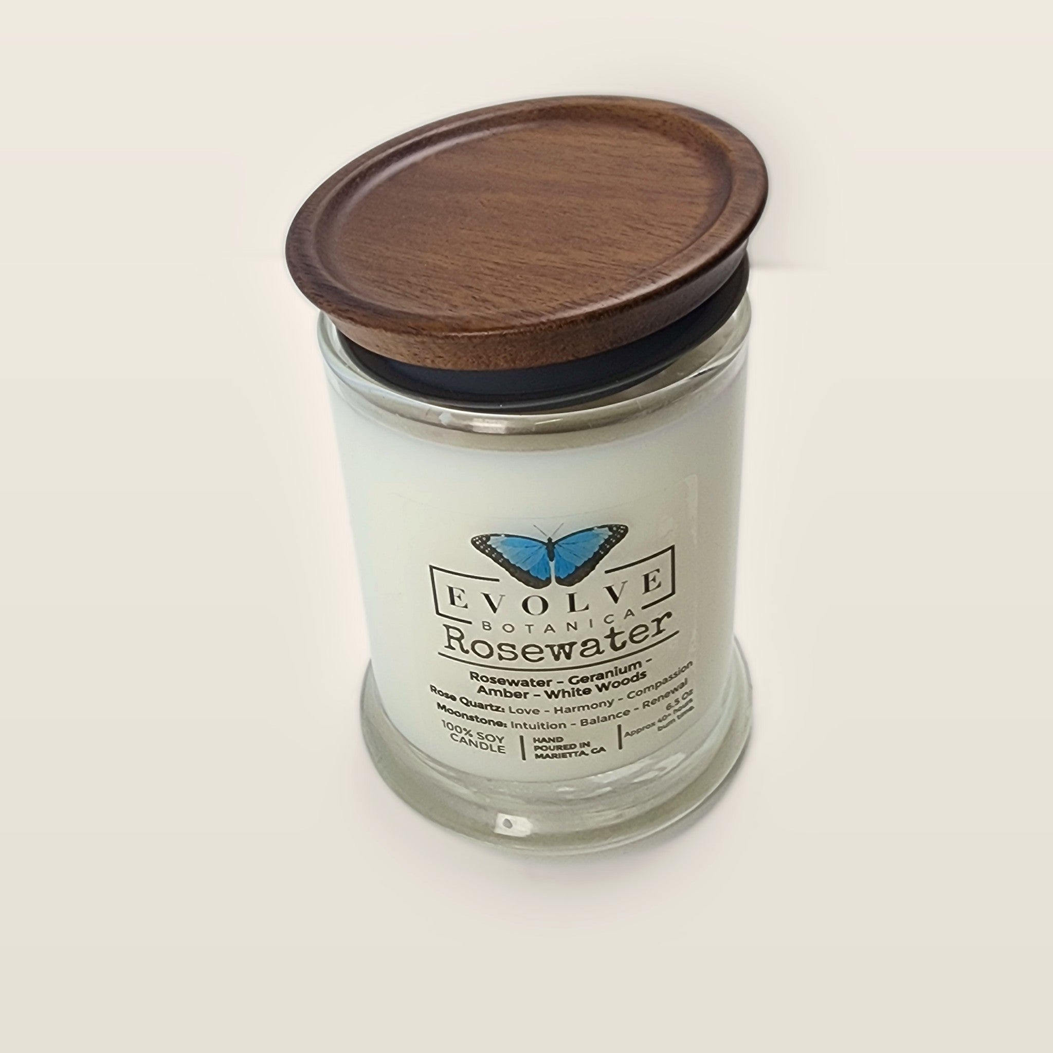 Evolve Botanica Rosewater 6.5 oz soy sipper candle with wood lid, hand-poured in Marietta GA