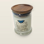 Evolve Botanica Sage & Sanctuary 6.5 oz soy sipper candle with wood lid, hand-poured in Marietta GA