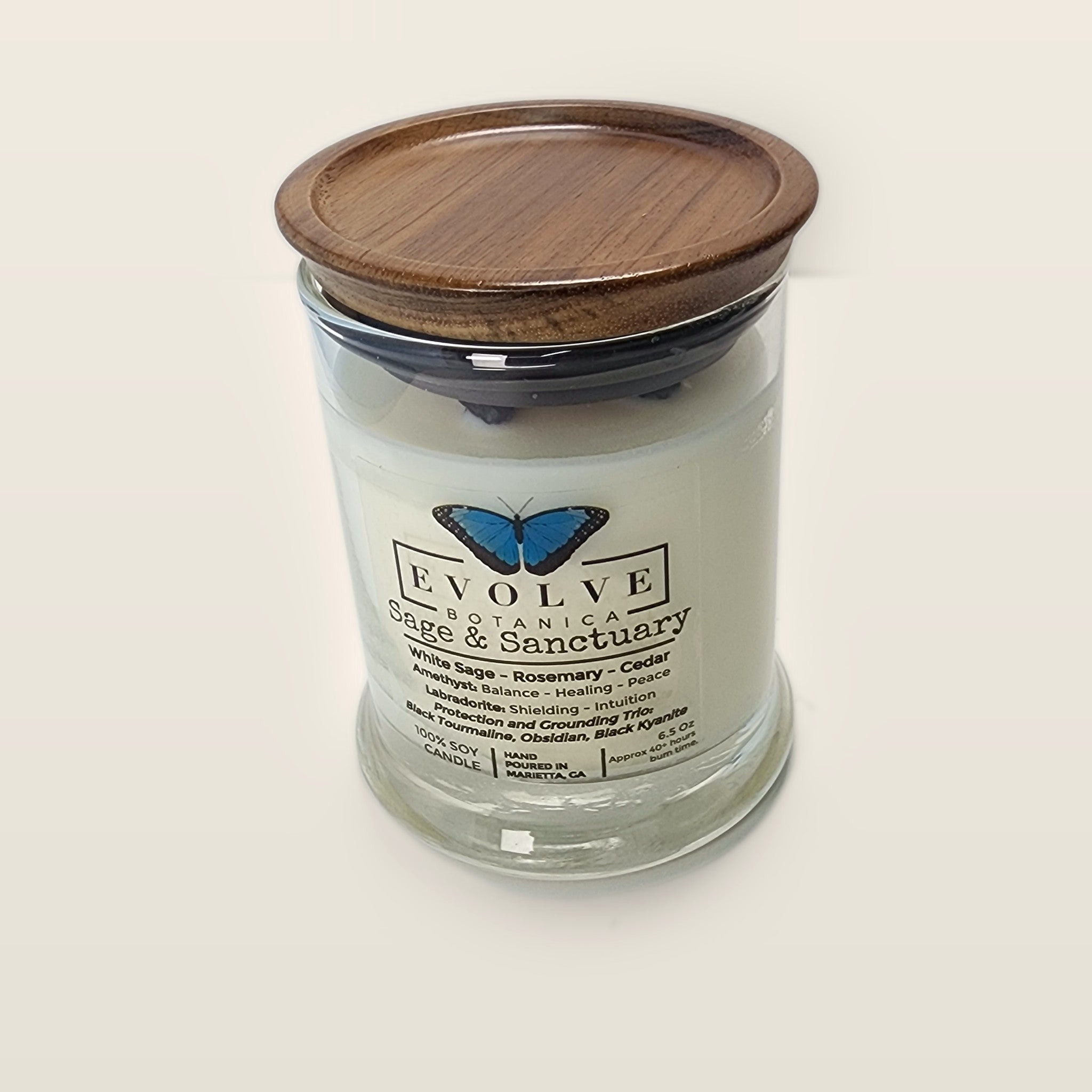 Evolve Botanica Sage & Sanctuary 6.5 oz soy sipper candle with wood lid, hand-poured in Marietta GA