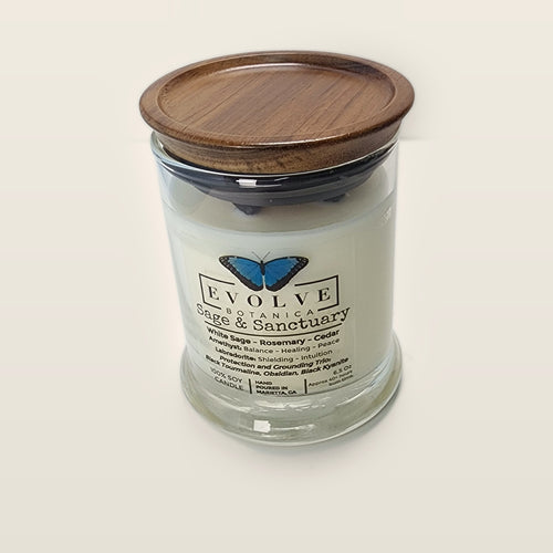 Evolve Botanica Sage & Sanctuary 6.5 oz soy sipper candle with wood lid, hand-poured in Marietta GA