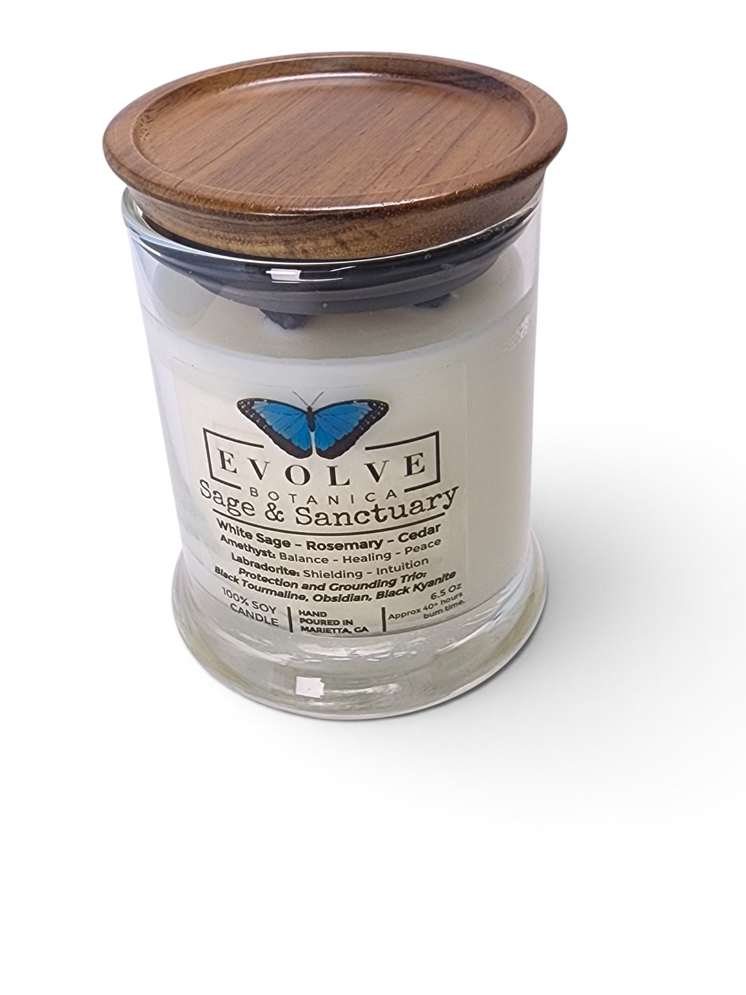 Evolve Botanica Sage & Sanctuary 6.5 oz soy sipper candle, crystal candle on white background, hand-poured in Marietta GA