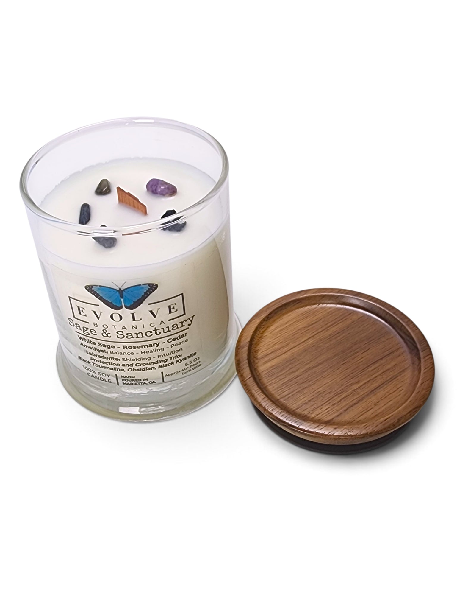 Evolve Botanica Sage & Sanctuary 6.5 oz soy sipper candle, crystal candle on white background, hand-poured in Marietta GA