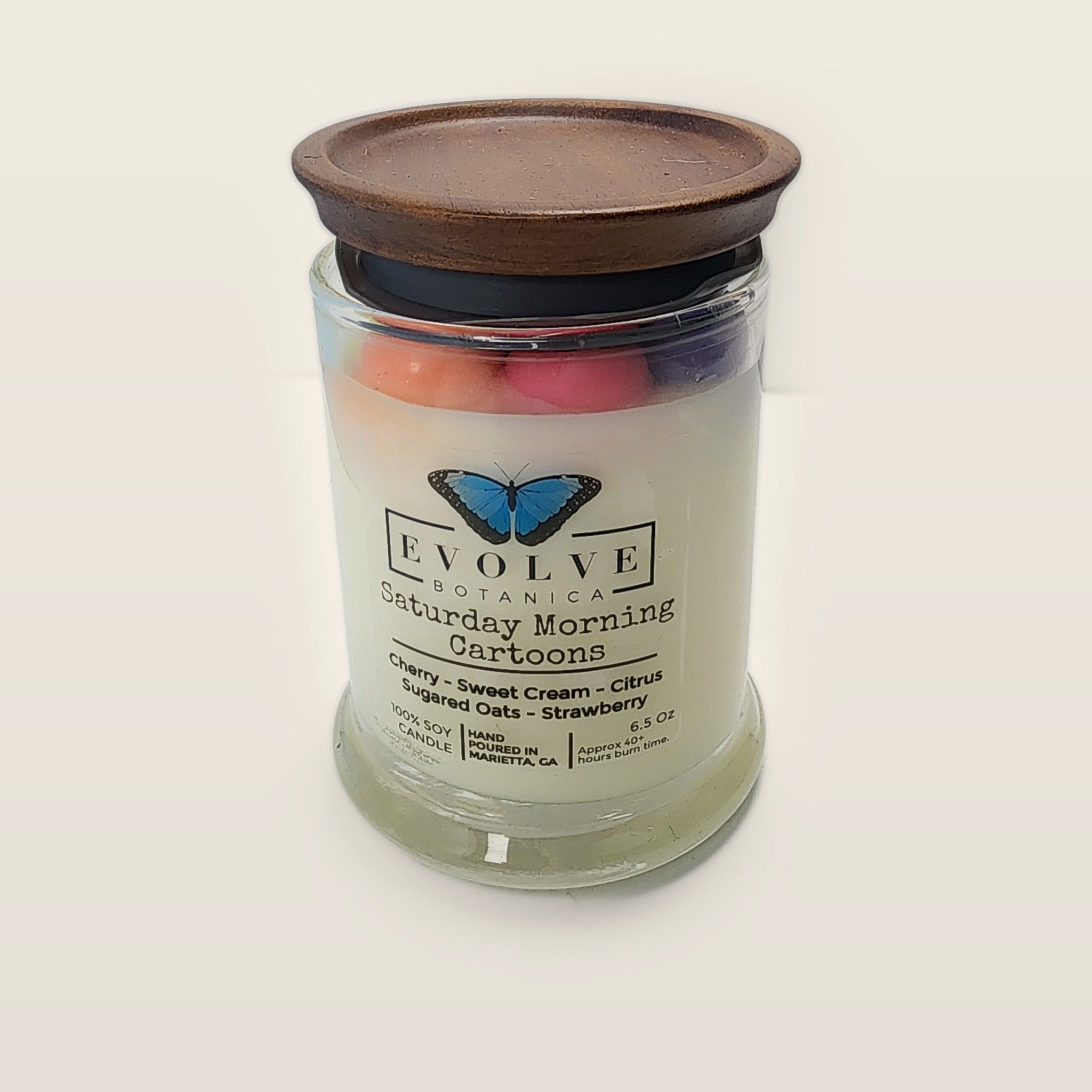 Evolve Botanica Saturday Morning Cartoons 6.5 oz soy sipper candle with wood lid, hand-poured in Marietta GA