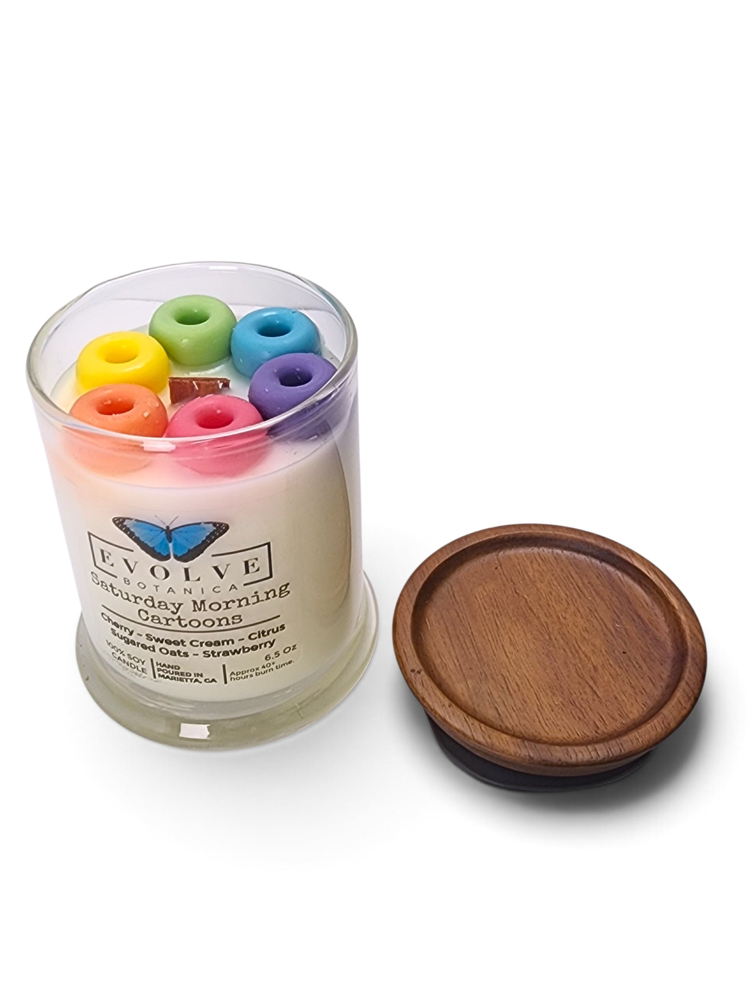 Evolve Botanica Saturday Morning Cartoons 6.5 oz soy sipper candle, crystal candle on white background, hand-poured in Marietta GA